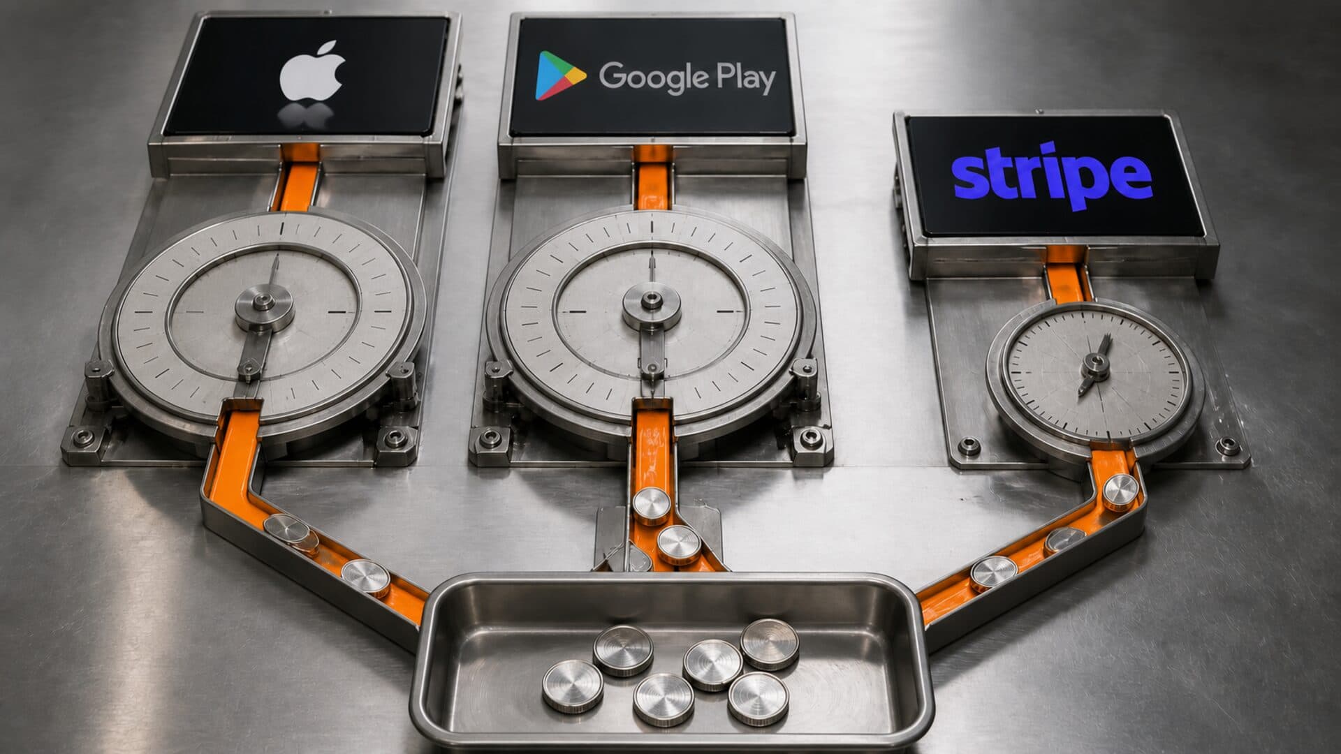 Apple, Google Play, and Stripe settlement lanes running on different clocks before converging into a reconciliation tray