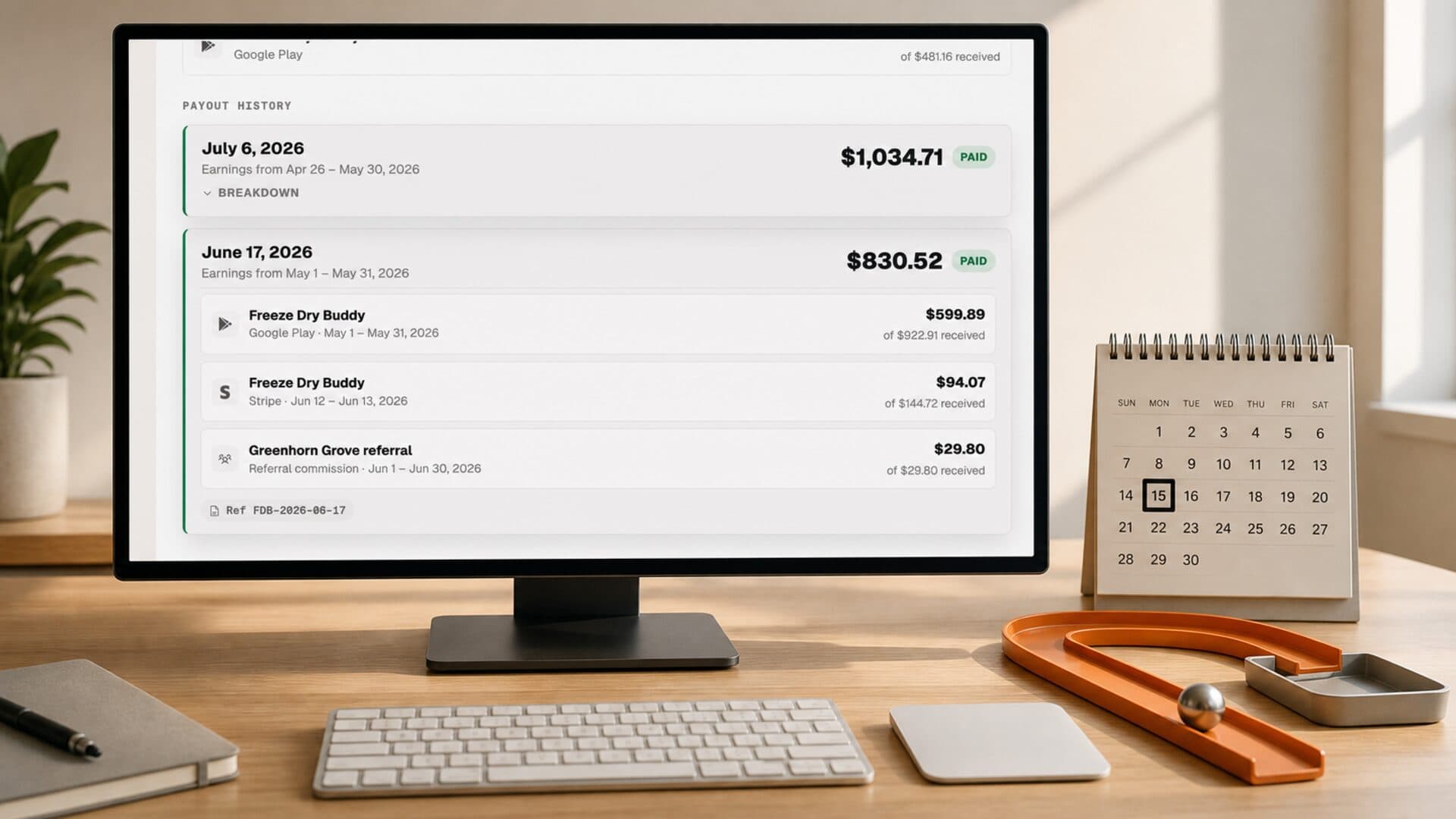 The Built by Foundry Payouts dashboard showing an itemized provider breakdown beside the 15th and a balance rolling forward