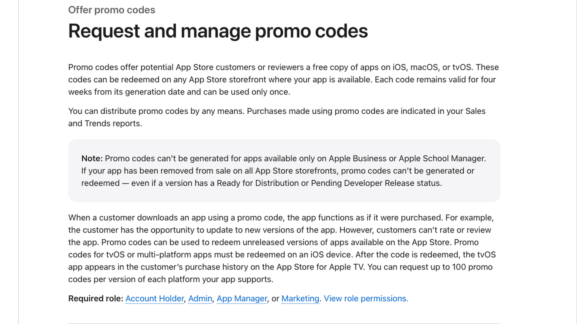 Apple's App Store Connect Help page titled Request and manage promo codes, stating that each code remains valid for four weeks from its generation date and can be used only once, that customers can't rate or review the app, and that you can request up to 100 promo codes per version of each platform your app supports