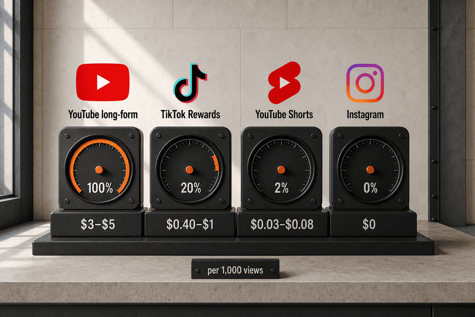Four physical payout gauges comparing YouTube long-form, TikTok Rewards, YouTube Shorts, and Instagram revenue per 1,000 views