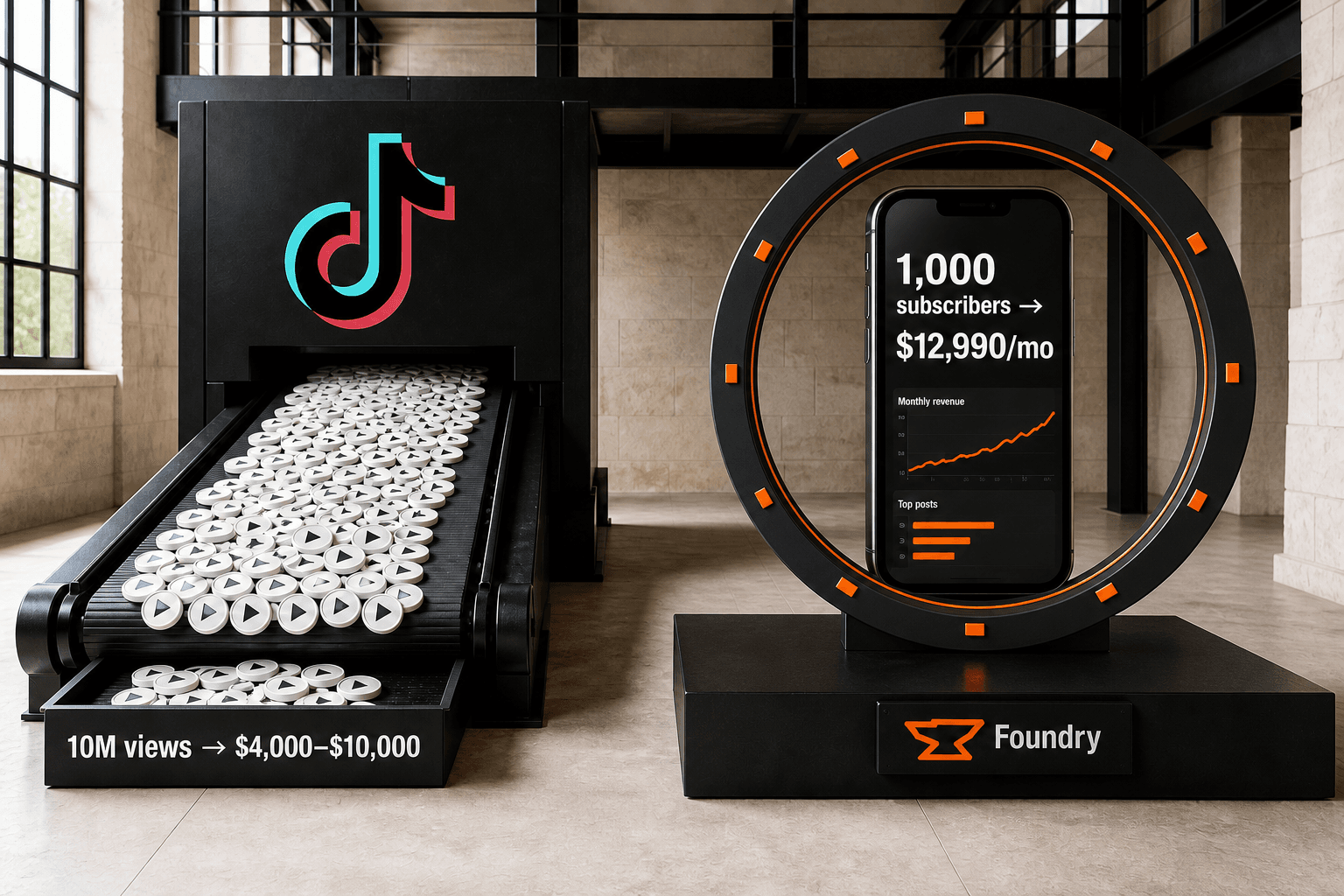 A TikTok view treadmill ending in a small payout beside a subscription app whose twelve-month revenue loops around the product