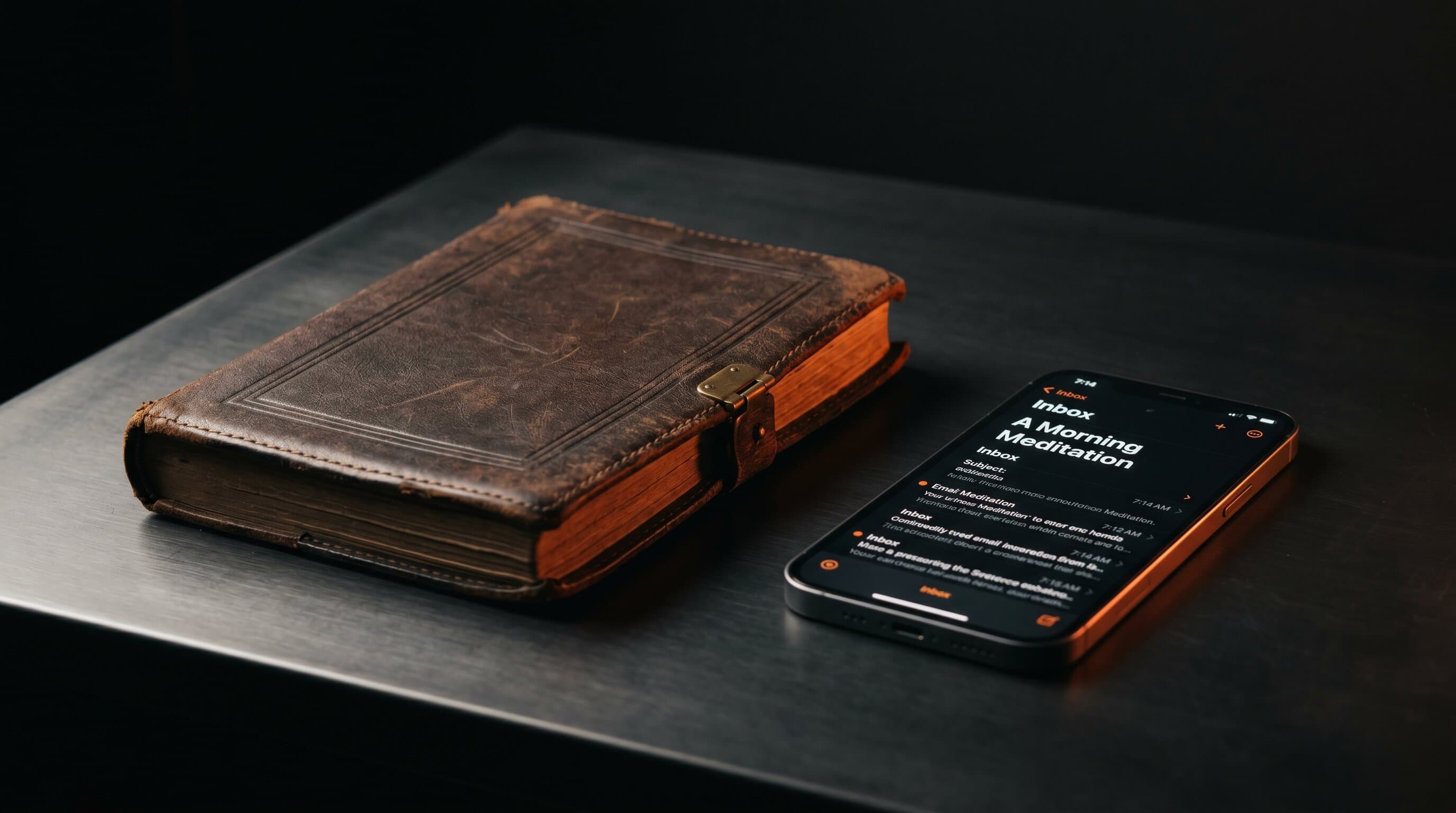 A vintage leatherbound journal sitting next to a smartphone showing a glowing morning meditation email, lit by a warm orange accent