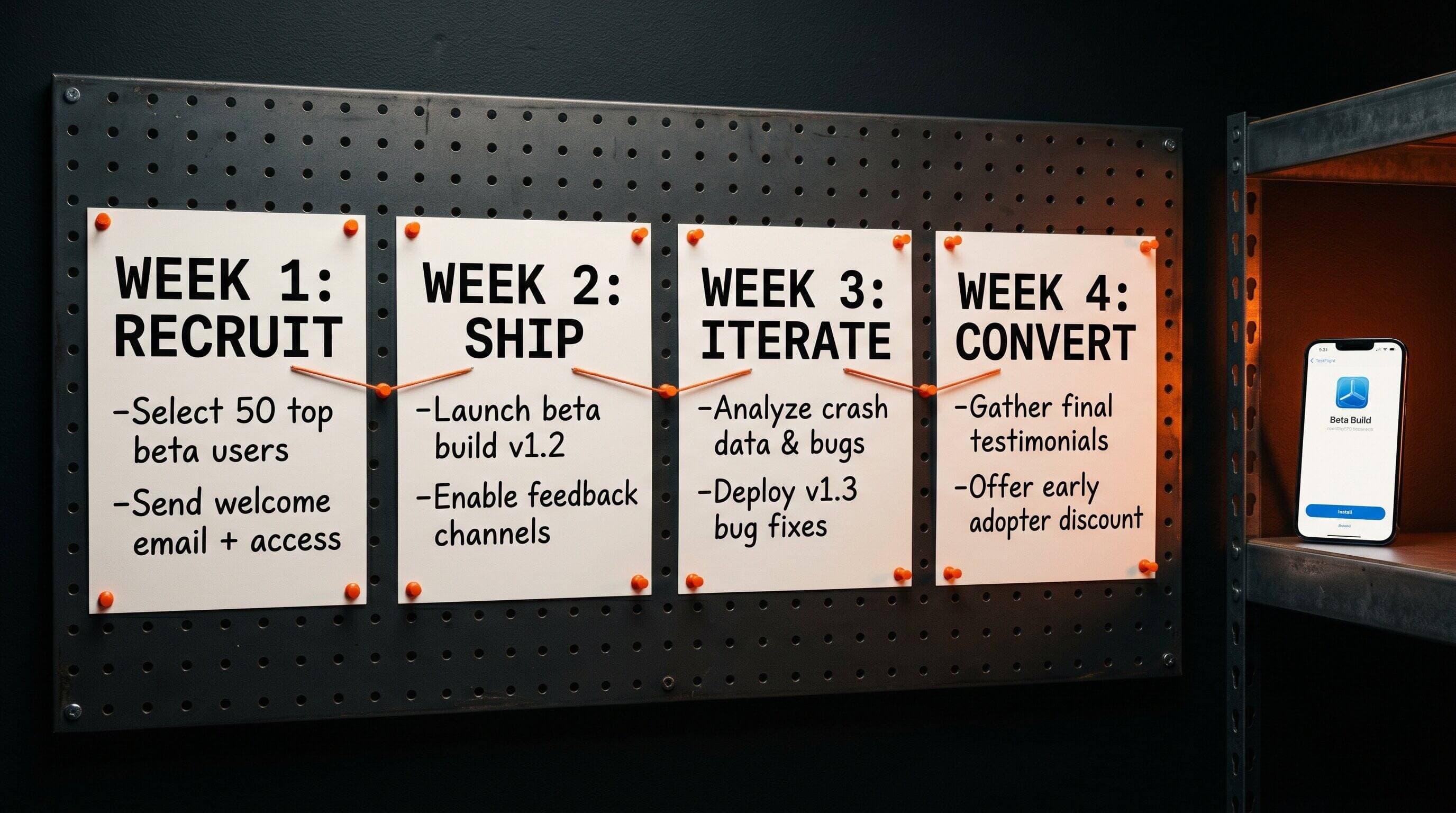 Weekly beta build cadence shown as a 4-week timeline with TestFlight ship days, feedback channels, and conversion checkpoints on a dark editorial background