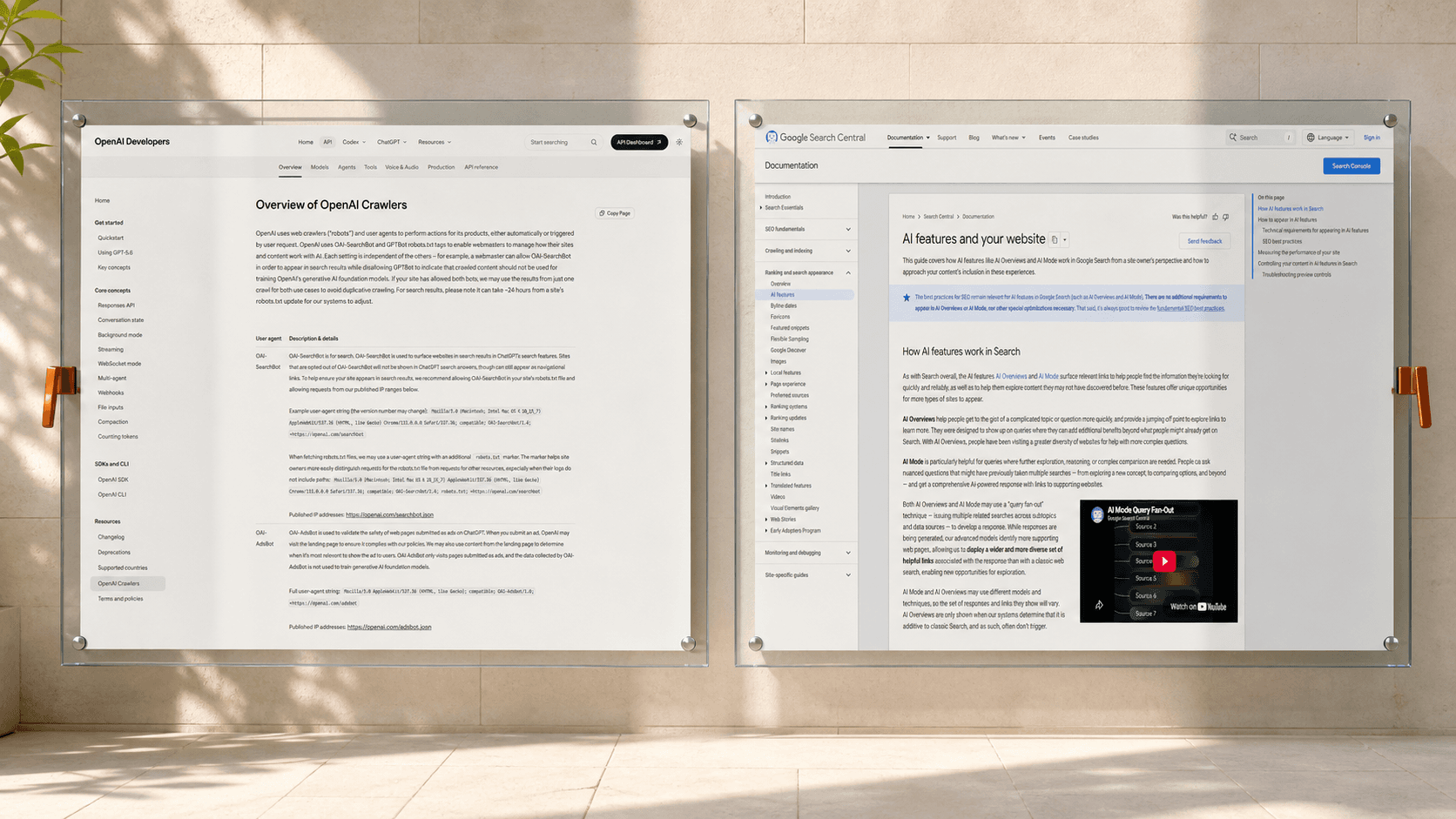 OpenAI's crawler documentation and Google's AI search documentation displayed side by side with both access latches open