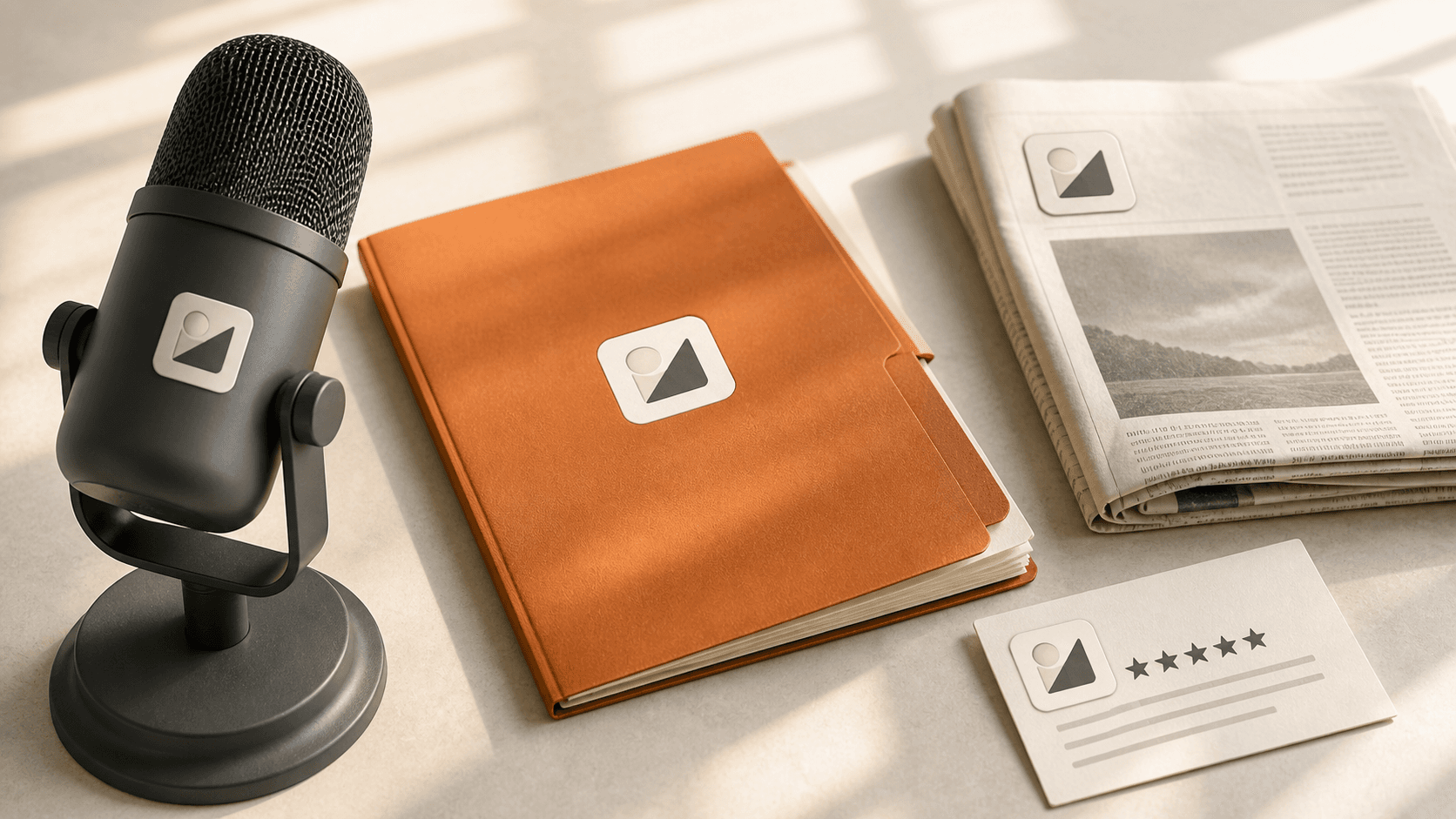A podcast microphone, newspaper, and five-star review card all carrying the same app tile beside one orange product dossier