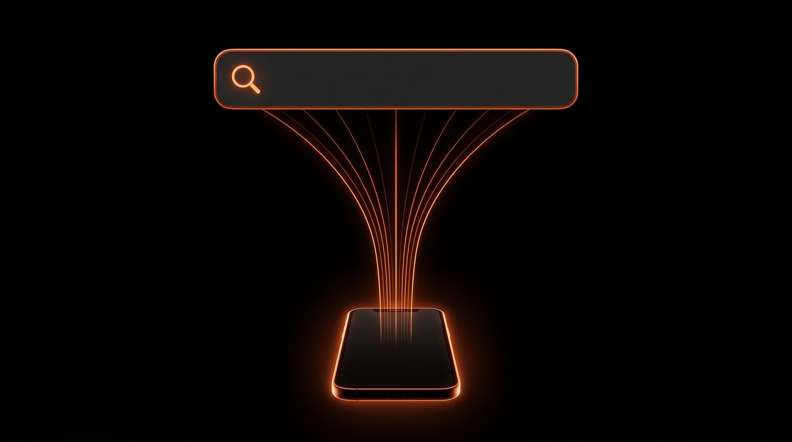Diagram showing the App Store search bar as a funnel feeding organic installs into a creator app, with a molten orange glow on the search result