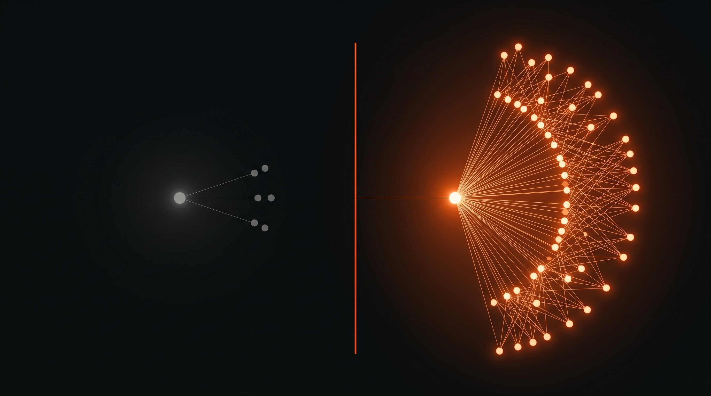 Split conceptual image contrasting a single creator post reaching a small group on the left against an app referral loop fanning out to many new users on the right, warm orange light on the growth side