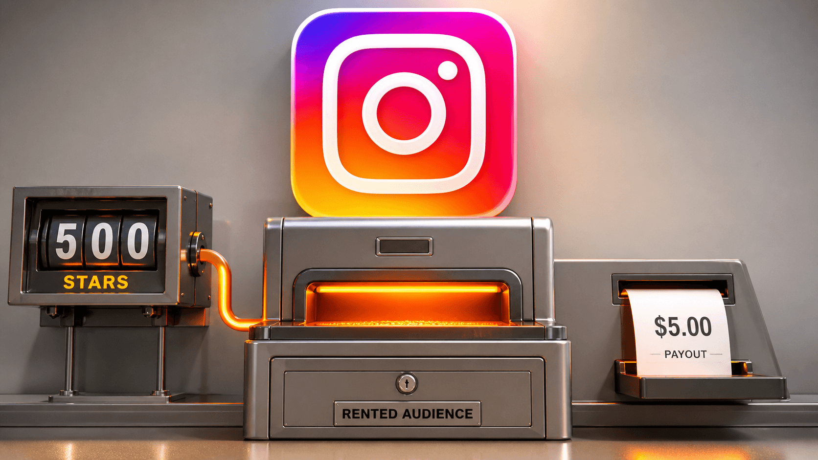 An authentic Instagram payout machine turns 500 Stars into a five-dollar receipt while the audience relationship remains locked inside the platform