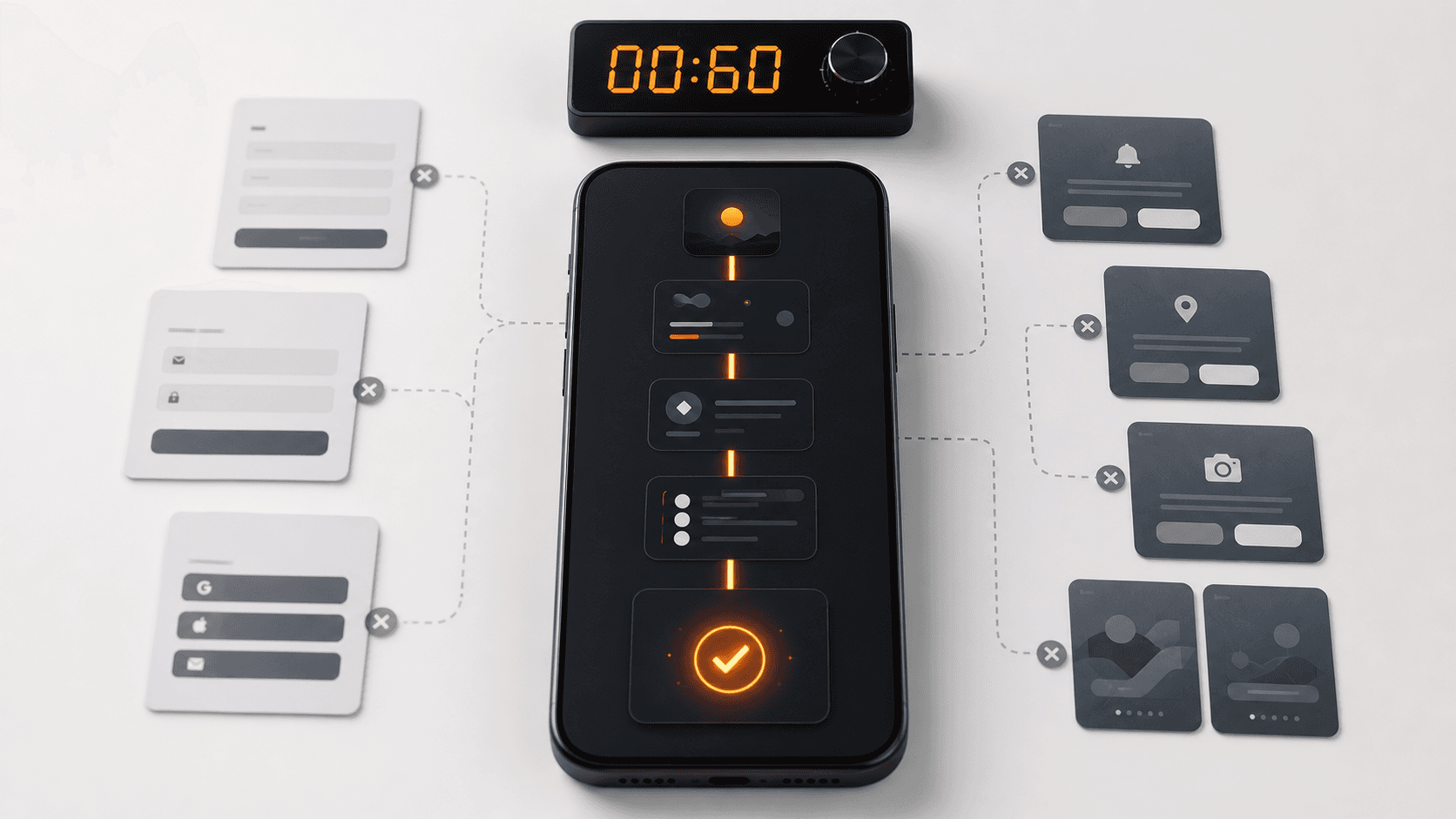 A bright day-zero app test bench with a sixty-second timer, unnecessary signup and permission cards moved aside, and one direct path to a completed first-session win