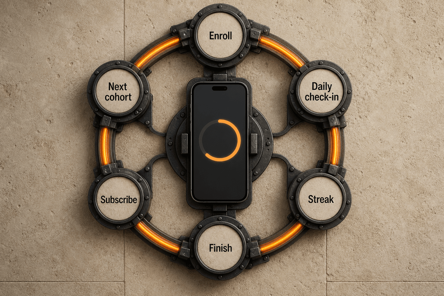 A six-station challenge flywheel connects enroll, daily check-in, streak, finish, subscribe, and the next cohort around a progress screen