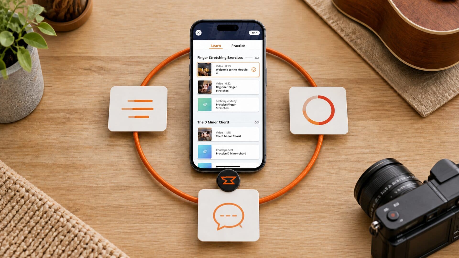 A real lesson app on an orange flywheel carrying streak, progress, and testimonial cards toward a creator camera