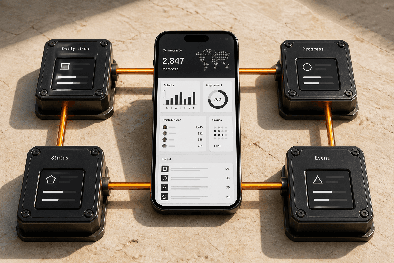 Four physical modules for the daily drop, progress, events, and status feeding one structured community app