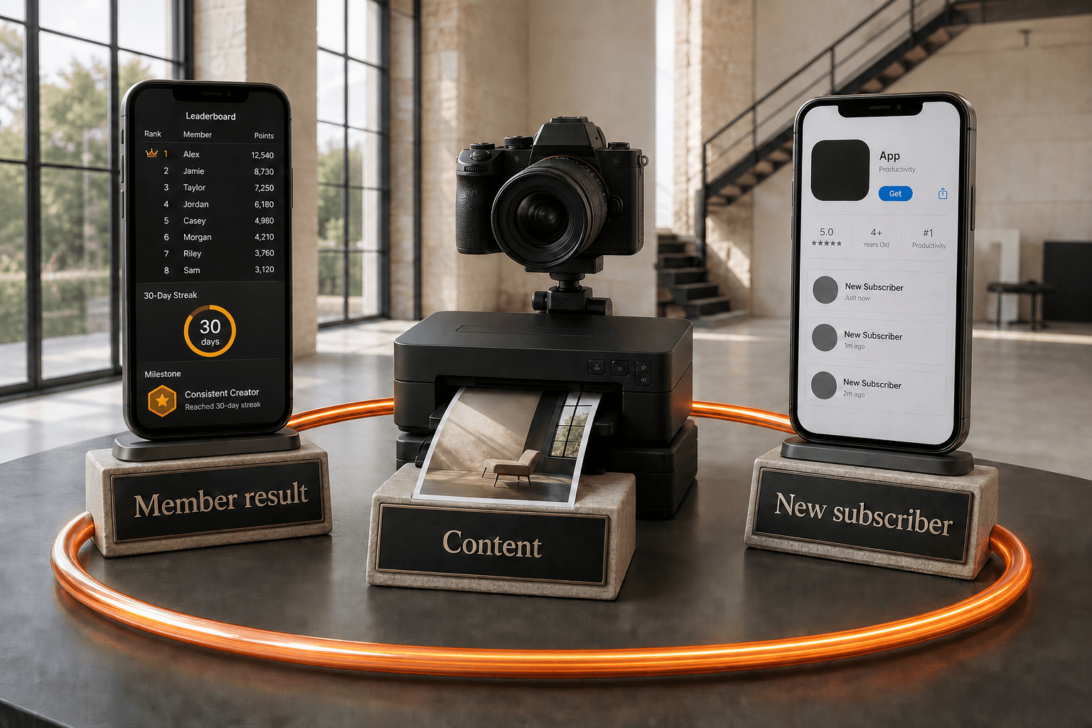 A closed growth loop turning member results into content and content into new app subscribers