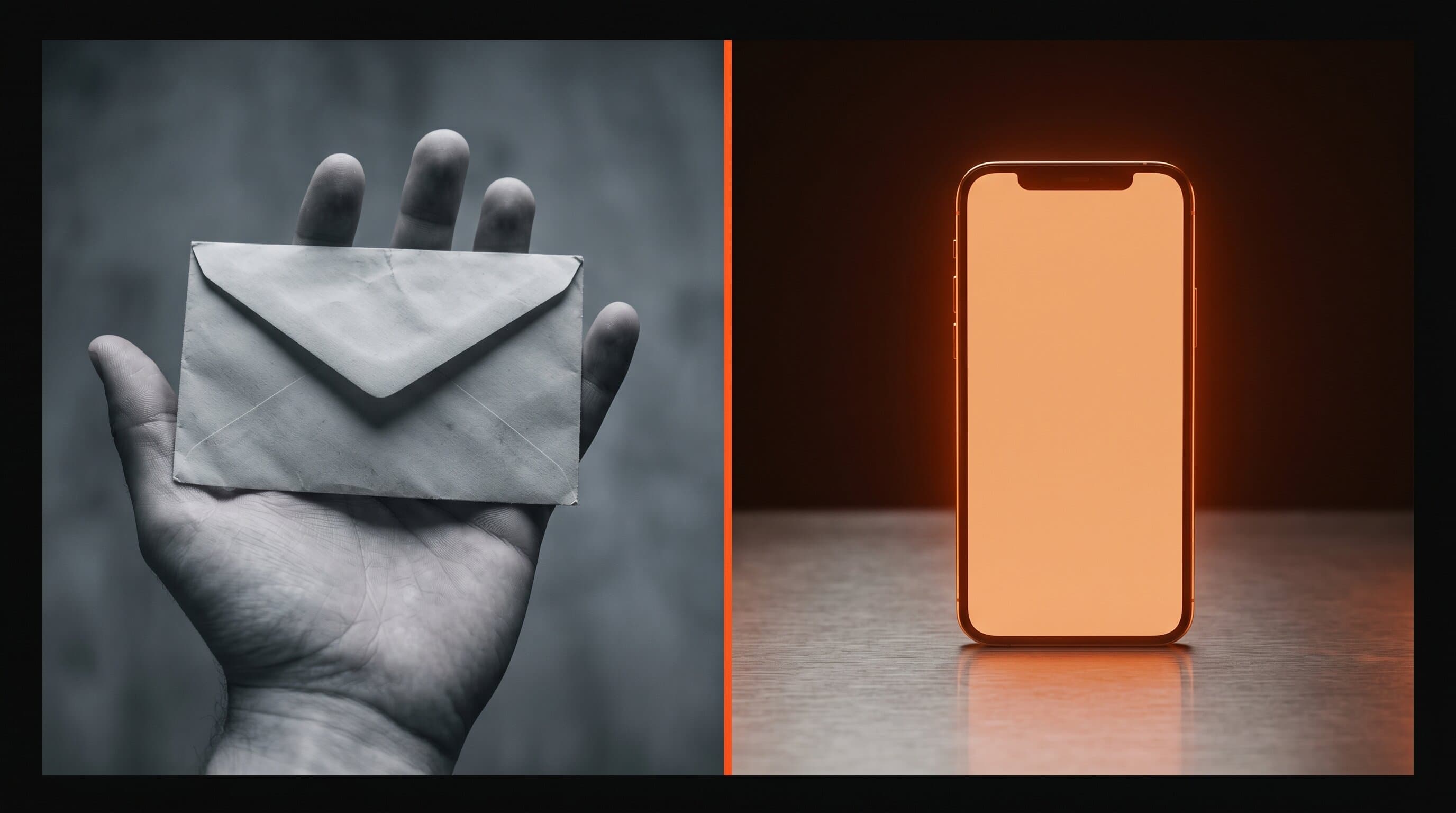 Conceptual split image showing a rented email inbox on the muted left side and an owned app on the warm-lit right side
