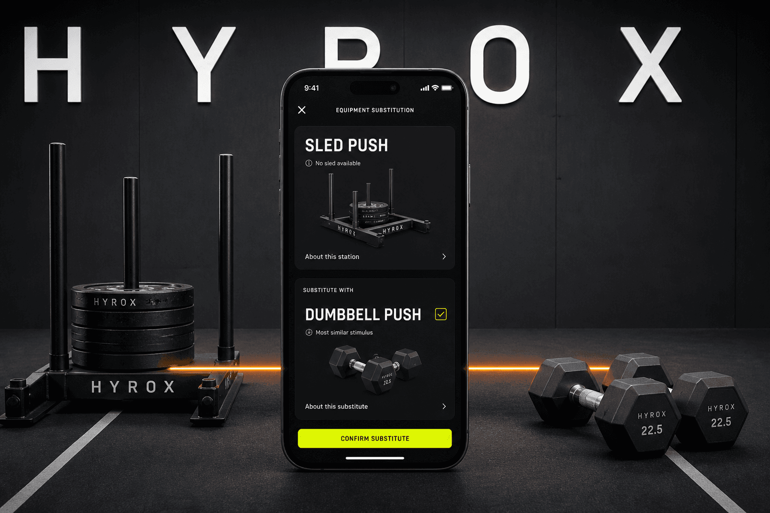 A HYROX training app replaces a sled push with a dumbbell push when the athlete has no sled available