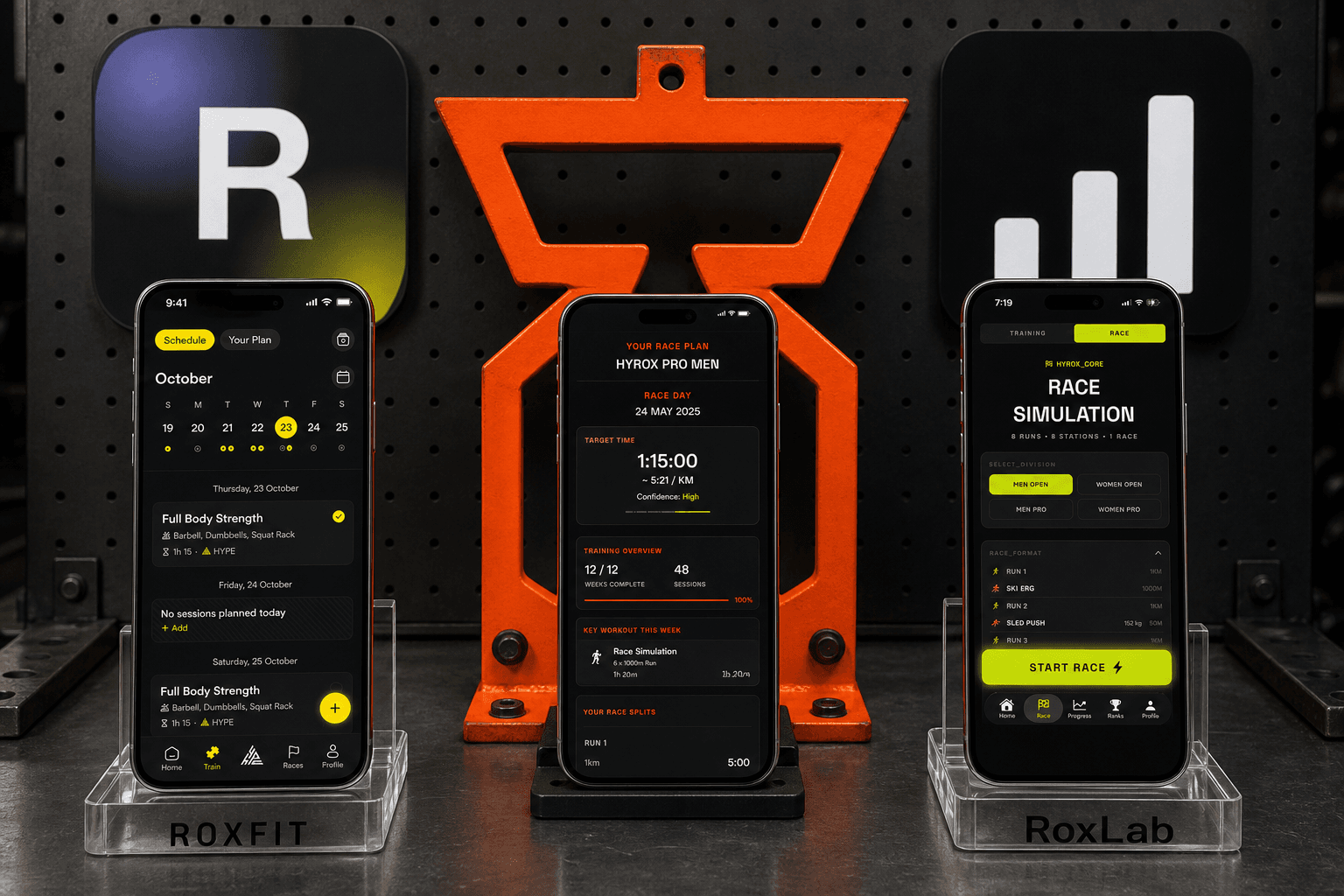 Real ROXFIT and RoxLab screens flank a custom race plan held by a large Built by Foundry fabrication frame