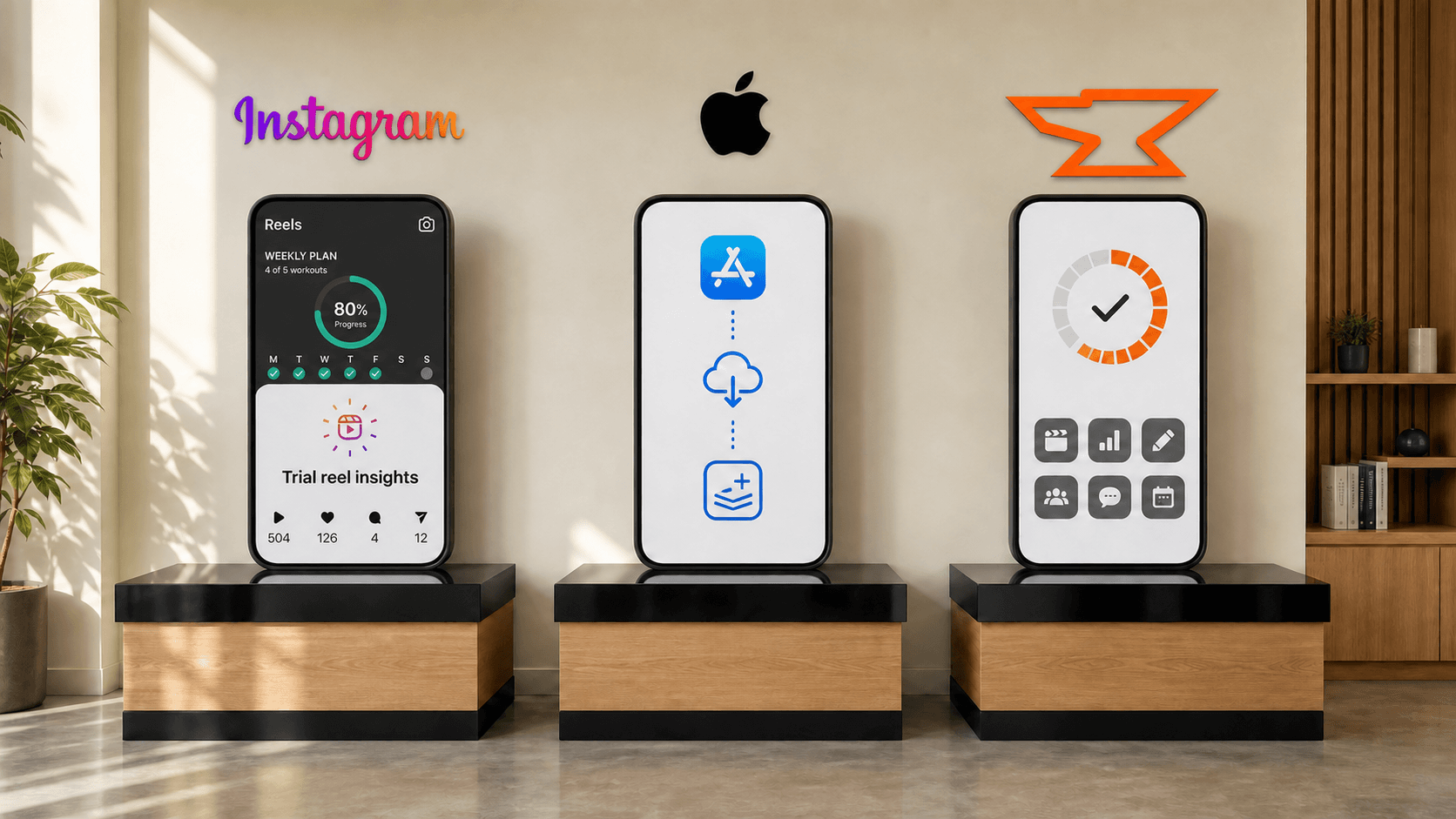 Instagram, Apple, and Built by Foundry marks above the path from Trial Reel insights to an owned creator app