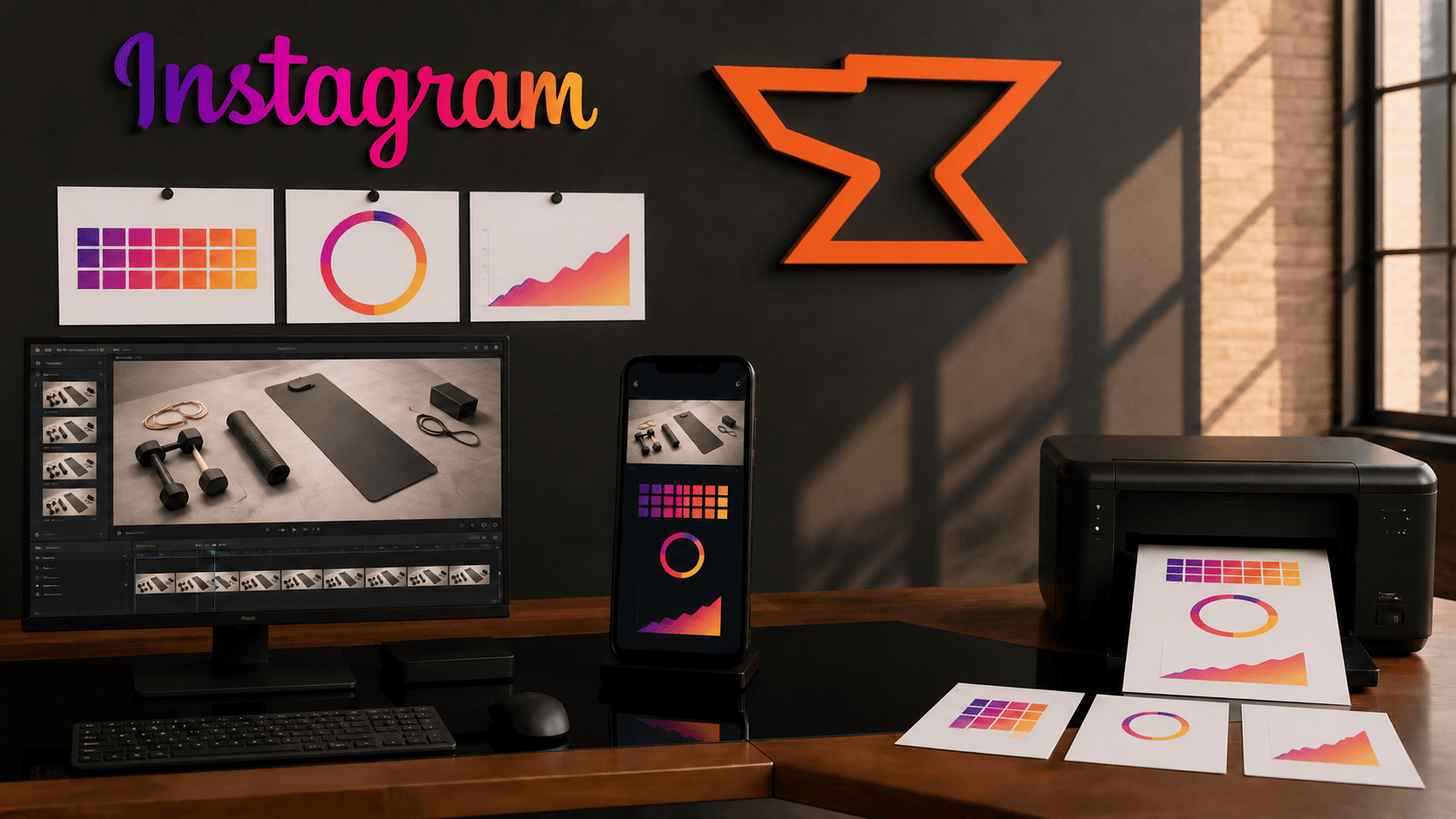 Instagram and Built by Foundry marks above an editing desk where app proof becomes the next Reel