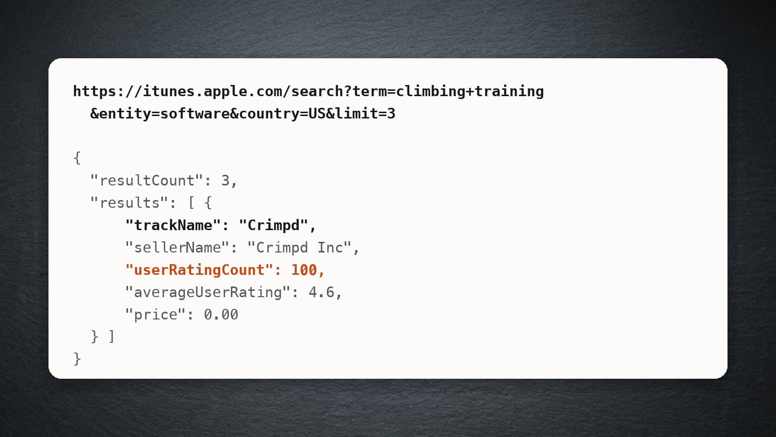 The public Apple Search API response for the climbing training query, showing the rating count field on the top result
