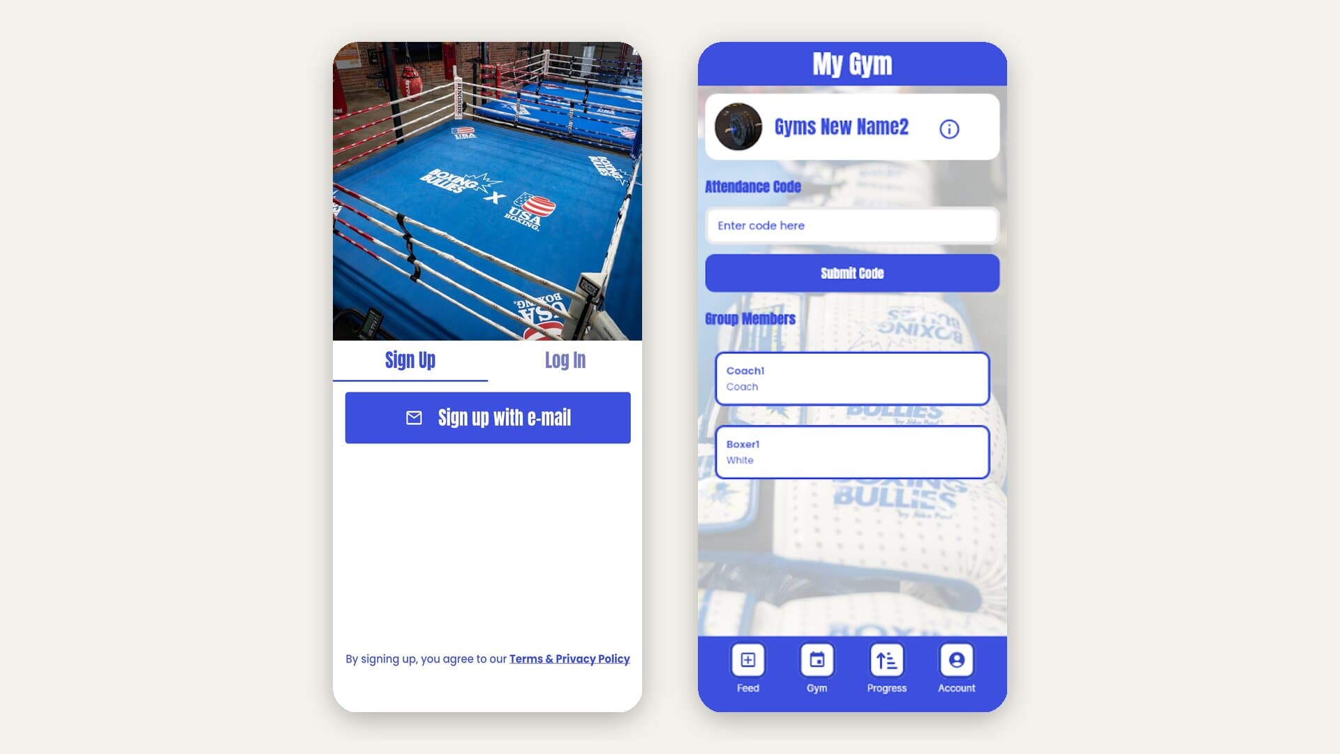 Two real App Store screenshots of Boxing Bullies By Jake Paul: a Sign Up screen over a Boxing Bullies x USA Boxing ring, and a My Gym screen with an Attendance Code field, a Submit Code button, group members listed as Coach1 and Boxer1 at White, and tabs for Feed, Gym, Progress and Account