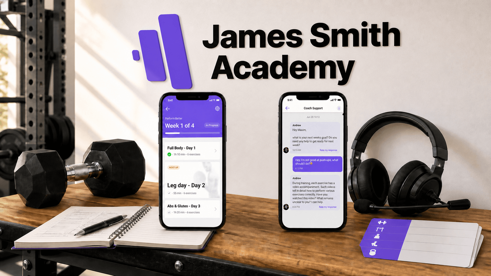 James Smith Academy workout plan and coach support screens beneath the Academy and Built by Foundry marks