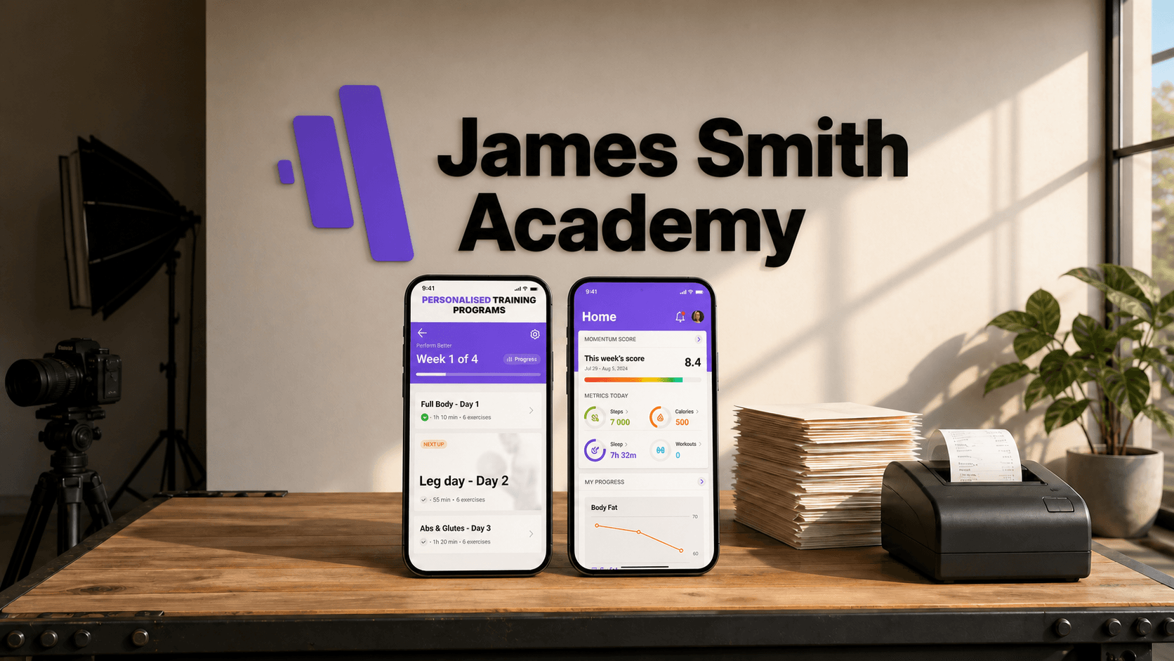 James Smith Academy app screens operating in daylight while a camera and studio light rest in shadow