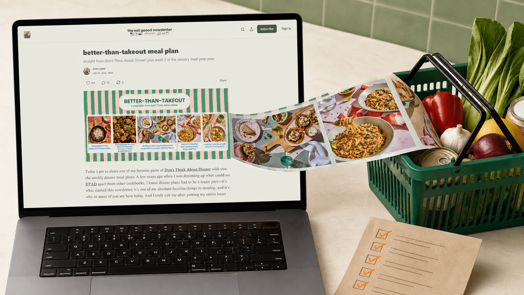 A weekly meal-plan email from Jenn Lueke extending out of a laptop into a real grocery basket and paper shopping list