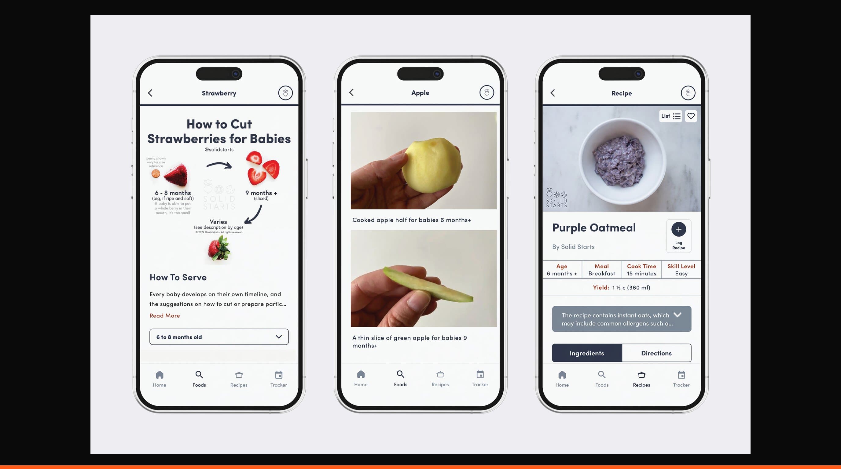 Three screens of the Solid Starts app showing how to cut strawberries for babies, apple serving guidance by age, and a purple oatmeal recipe