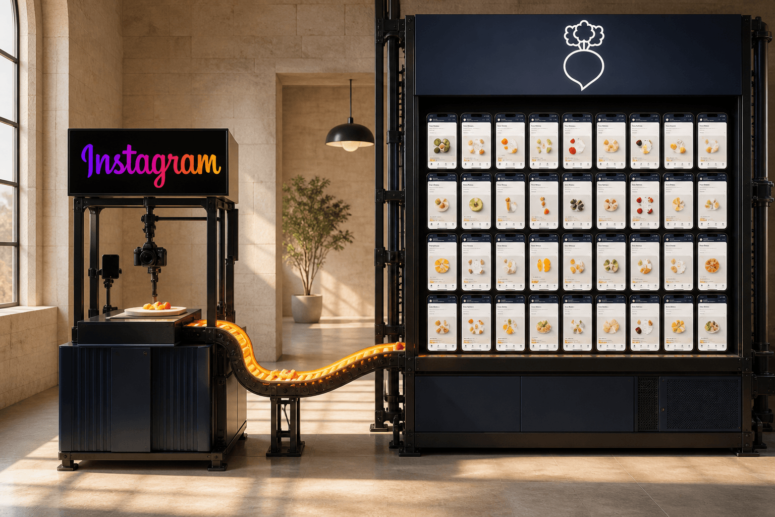 A compact Instagram creator station feeding into a Solid Starts product library four times its size