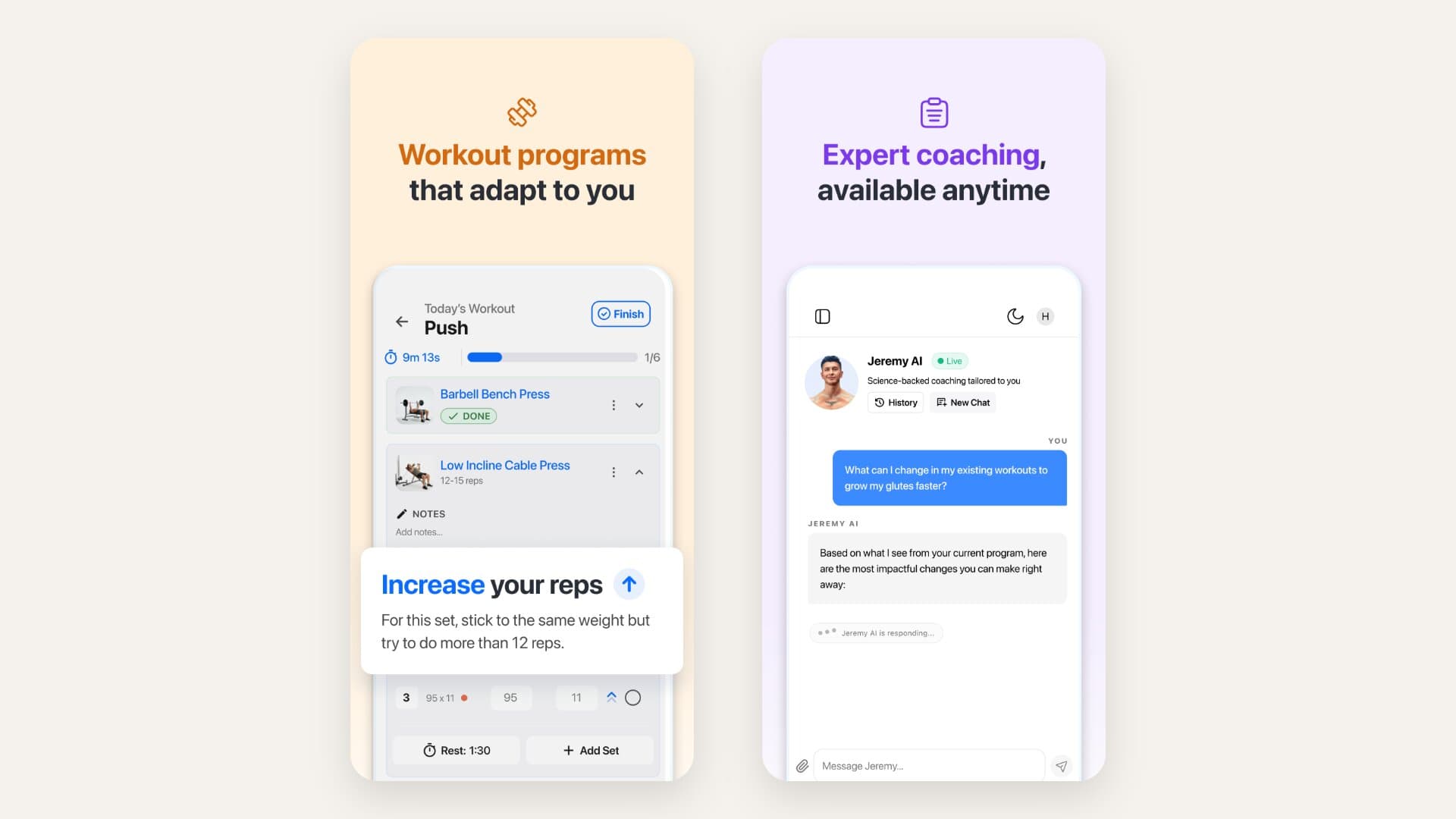 Two real App Store screenshots from Built With Science+: a Push workout telling the user to increase their reps on the next set, and the Jeremy AI chat answering a question about changing an existing program
