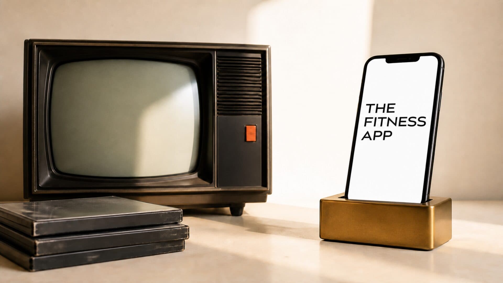 Dormant television and DVDs beside the Fitness App in a brass dock