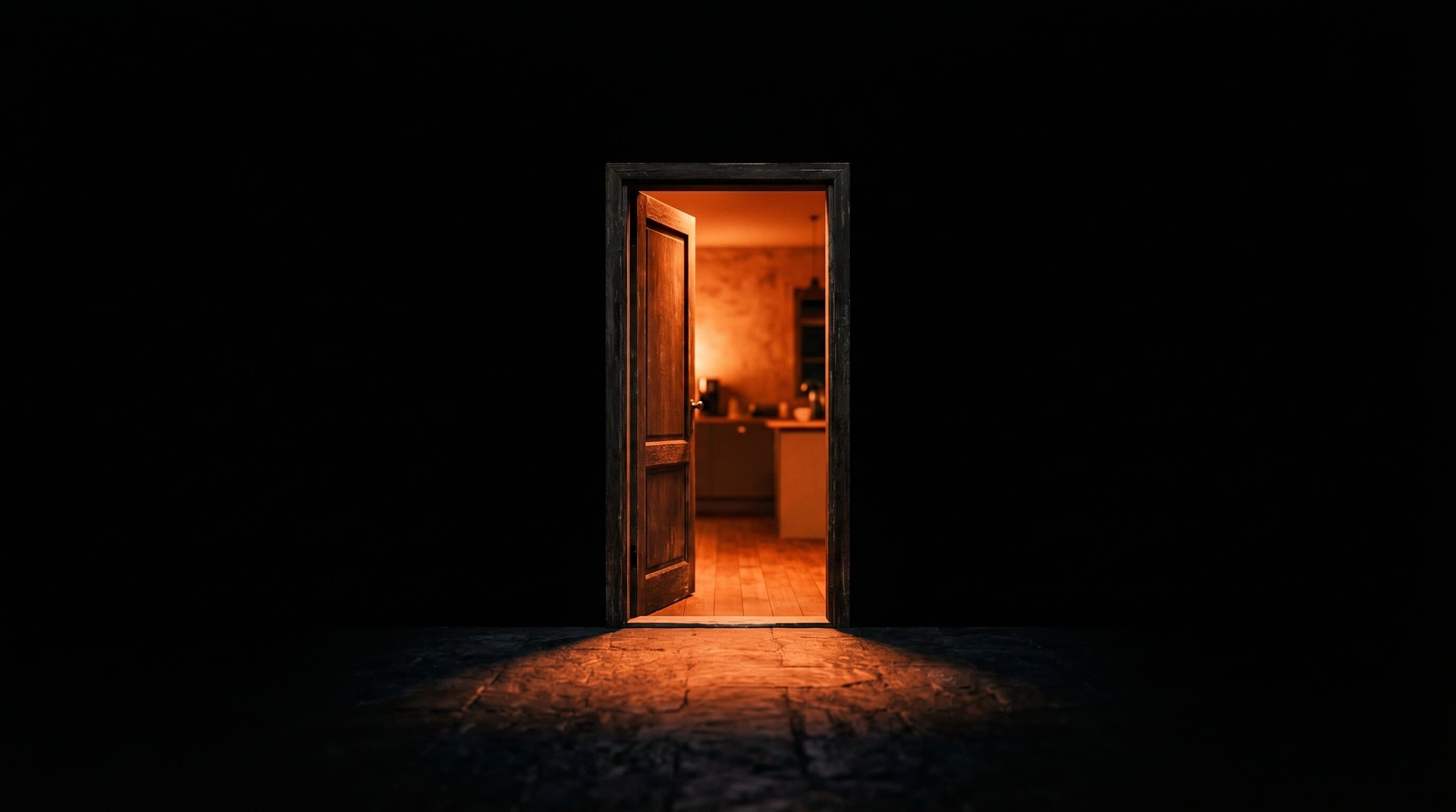 Conceptual image of a single warm-lit doorway representing an owned creator business against a dark background