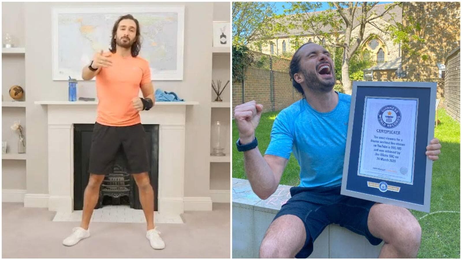 Joe Wicks doing PE With Joe home workout, jumping in his living room in workout gear
