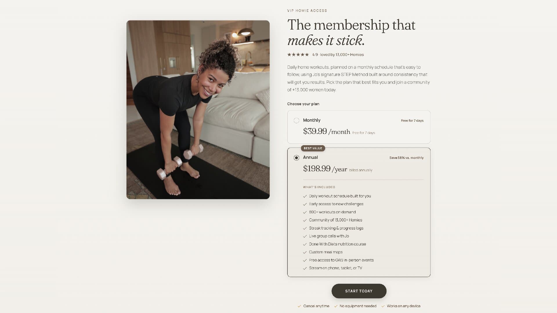 The growwithjo membership page on October 2, 2026, with a photo of Jo lifting dumbbells beside two plans: Monthly at $39.99 with a 7-day free trial, and Annual at $198.99 marked best value and save 58% vs. monthly, followed by a list of what's included
