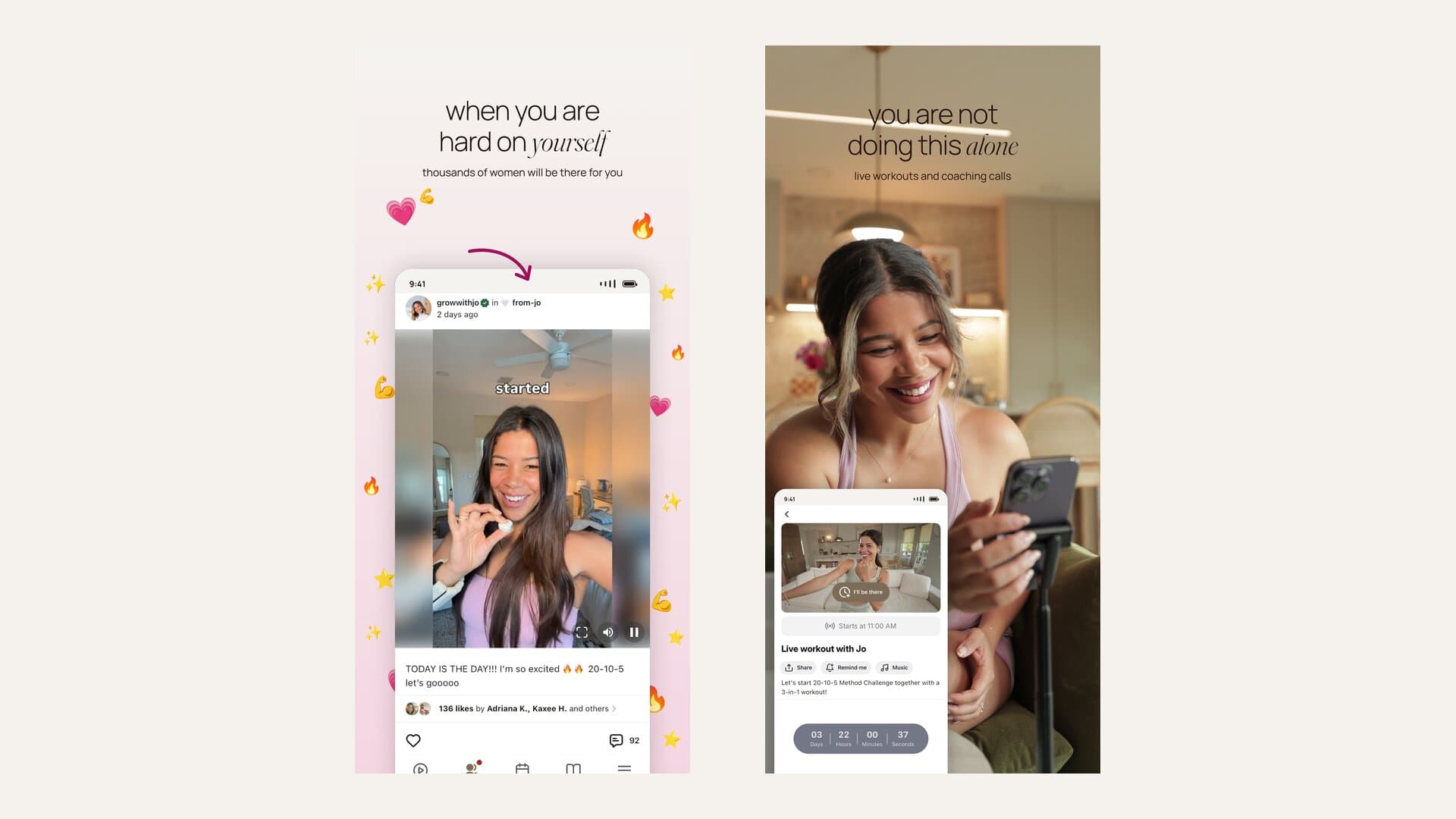 Two real App Store screenshots from growwithjo: a post from Jo in the app's from-jo community feed with 136 likes, and a scheduled Live workout with Jo with a countdown timer and a remind me button, under the caption live workouts and coaching calls