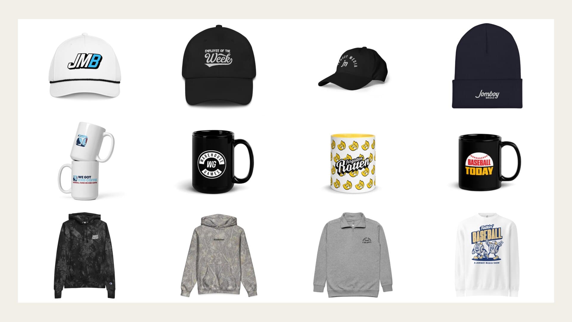 A flat overhead grid of real Jomboy Media store goods, caps, mugs and folded sweatshirts, repeating across a bright cream field
