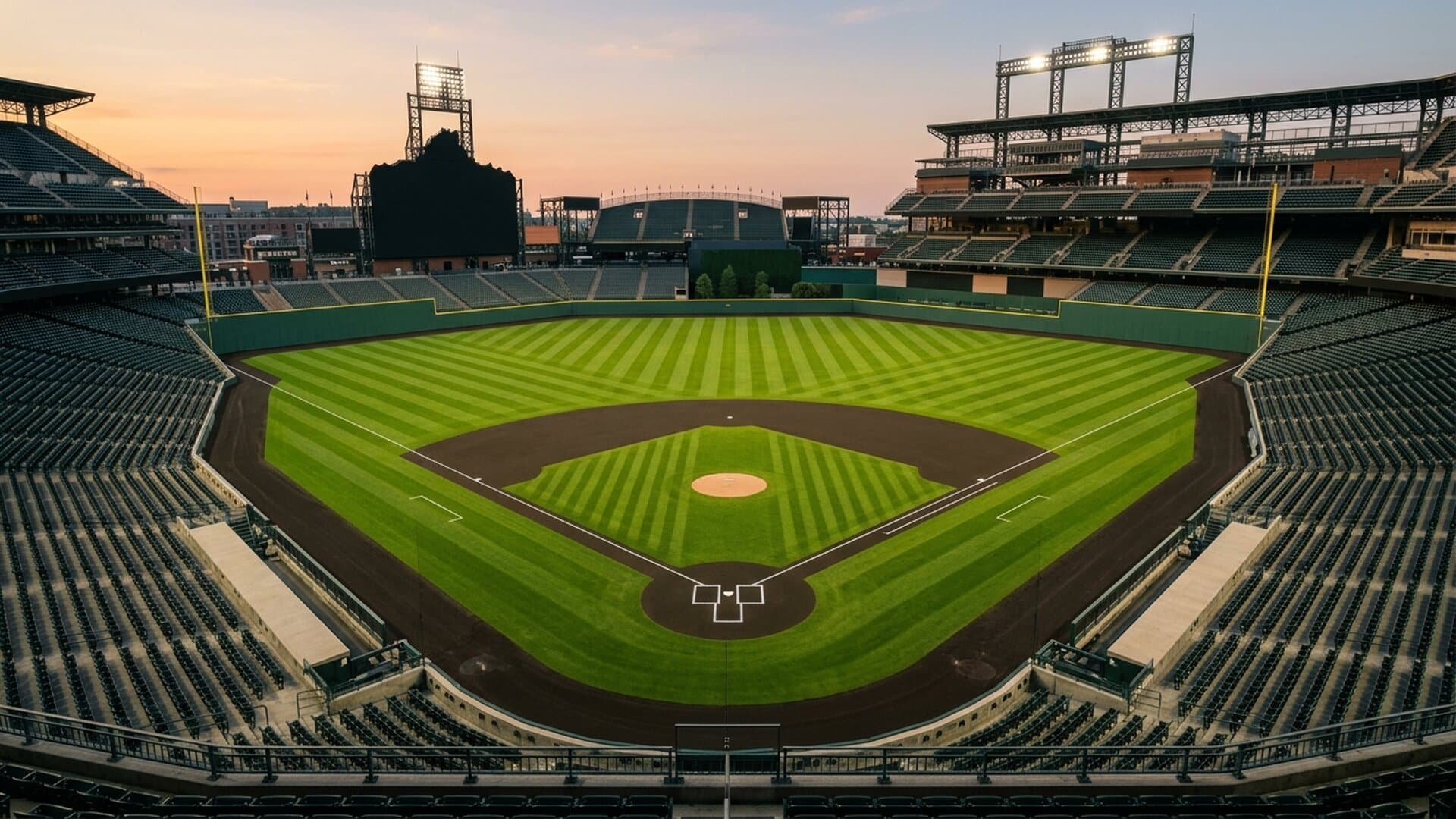An empty major league ballpark from high behind home plate at dusk with the field lights on and the infield freshly chalked