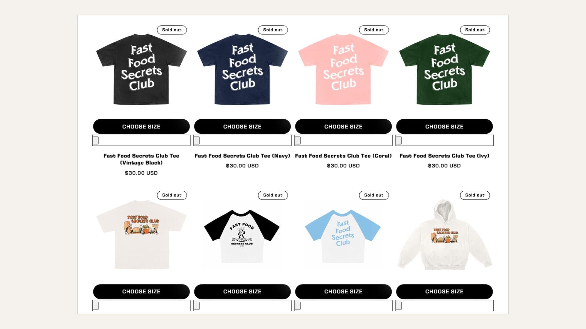 An April 2024 archive capture of the Fast Food Secrets Club merch store: eight shirts and a hoodie, including Fast Food Secrets Club tees in black, navy, coral and green at $30 each, every one marked Sold out