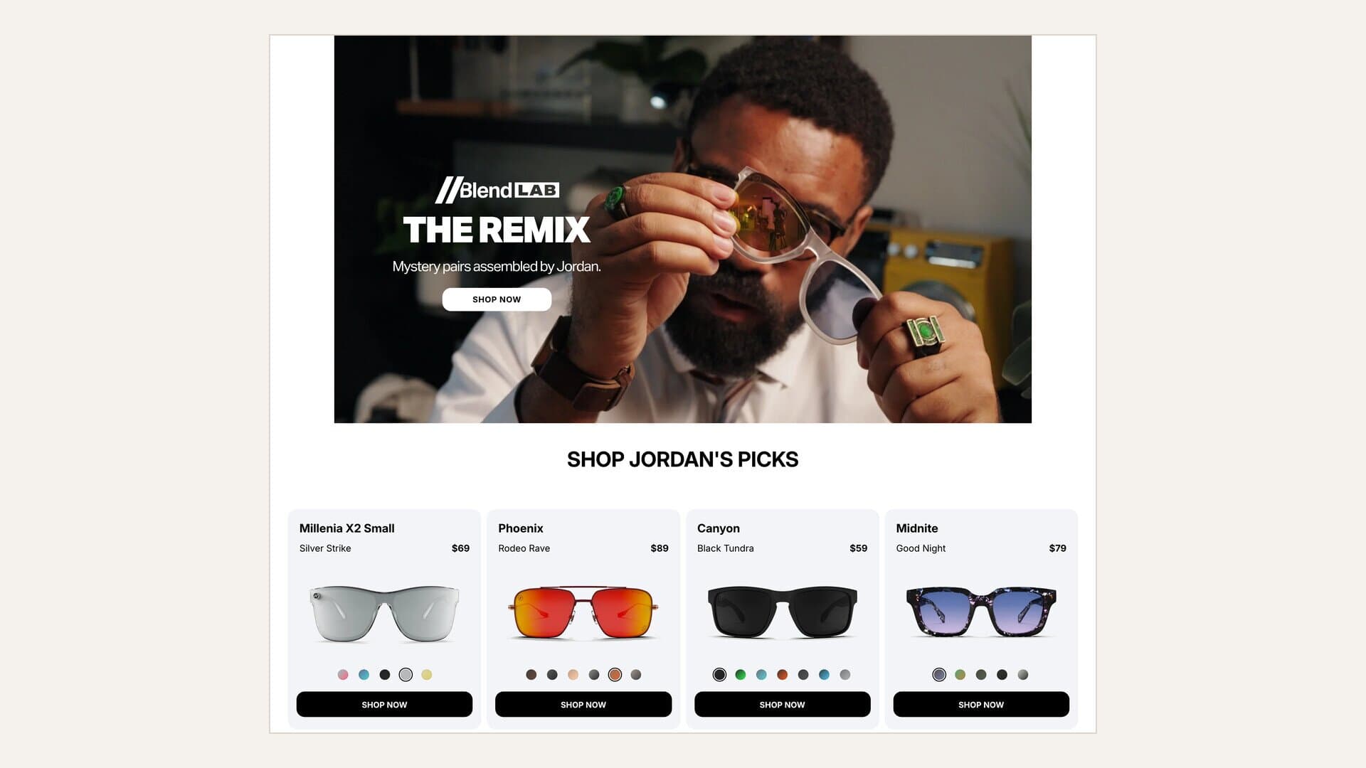 The Blenders Eyewear page for Jordan Howlett: a banner for The Remix, mystery pairs assembled by Jordan, above Shop Jordan's Picks, four sunglasses priced $69, $89, $59 and $79