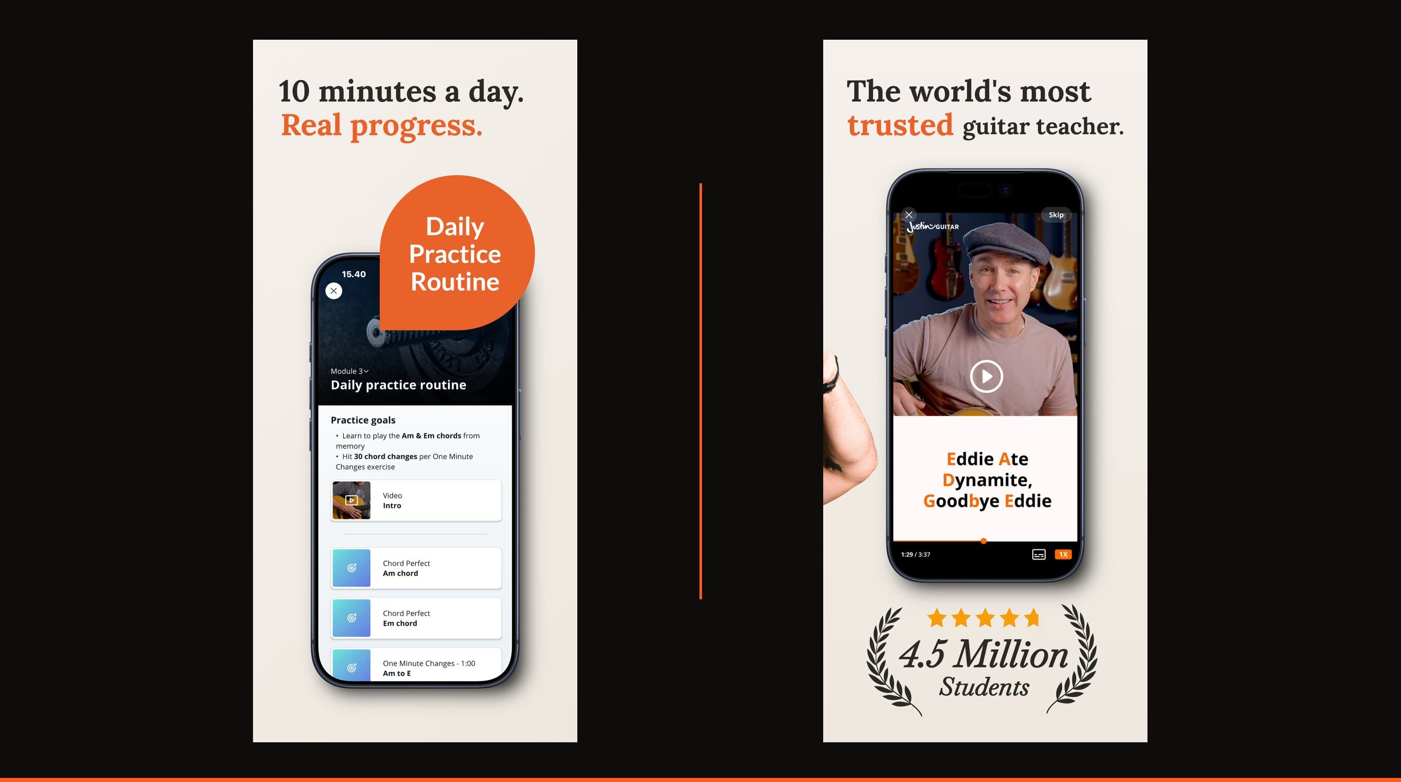 Two real JustinGuitar app screenshots showing the daily practice routine and a video lesson on a dark background