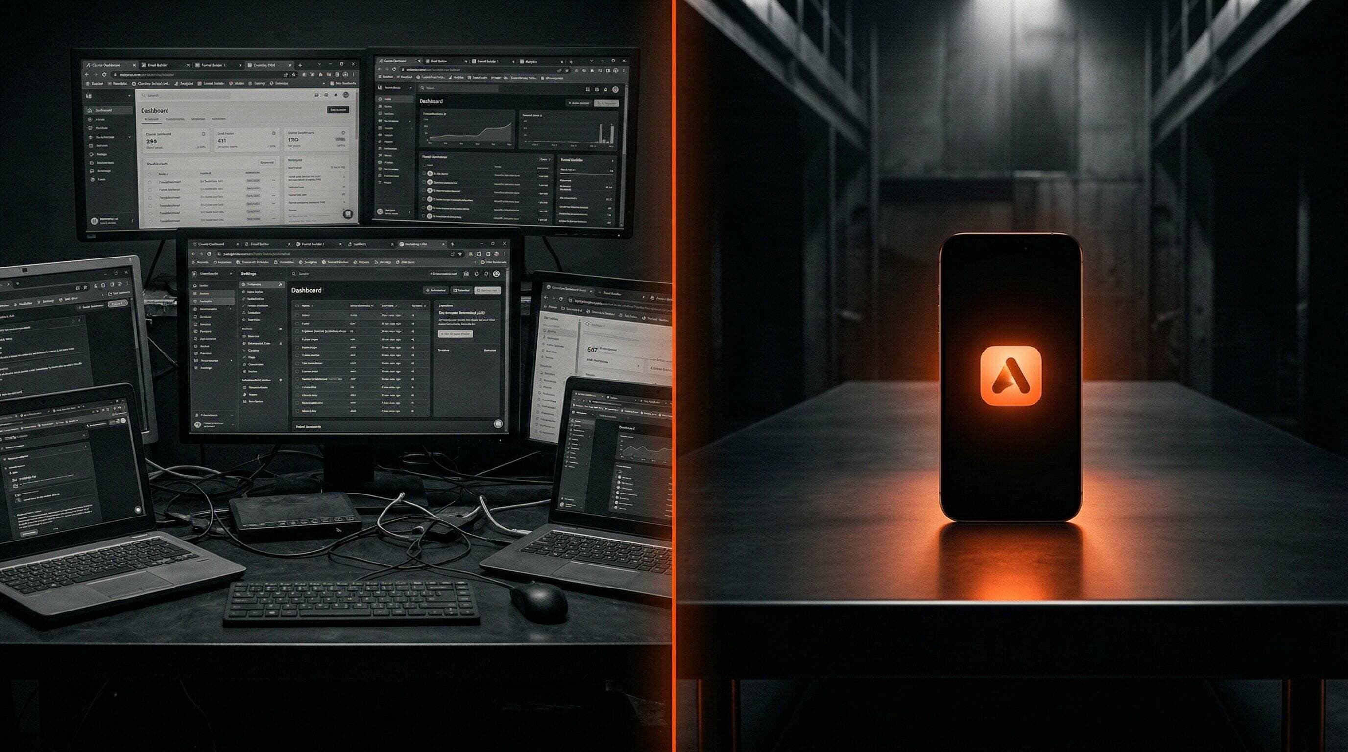 Platform complexity vs owning your own app: multiple dashboards on the left, one clean smartphone on the right