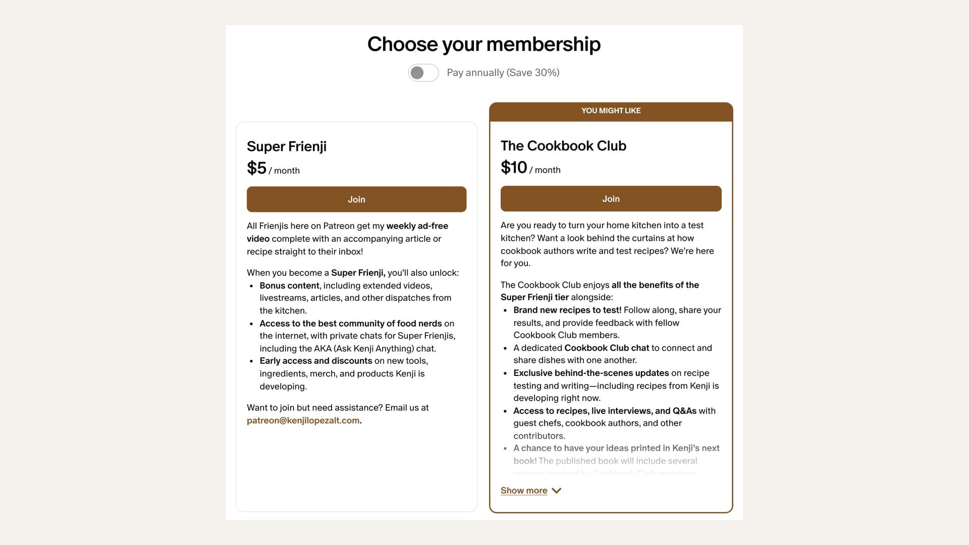 Kenji López-Alt's Patreon membership page showing two paid tiers: Super Frienji at $5 a month, with bonus content, community chats and the Ask Kenji Anything chat, and The Cookbook Club at $10 a month, which invites members to turn their home kitchen into a test kitchen