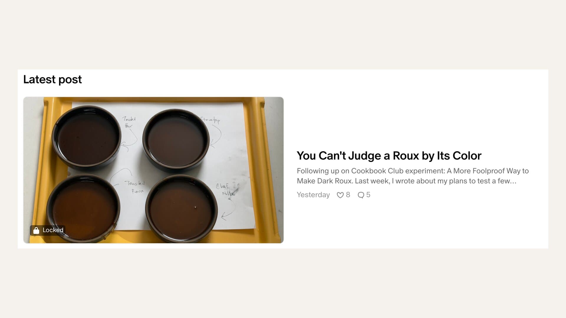 The latest post on Kenji López-Alt's Patreon, marked Locked: four bowls of dark roux on a yellow tray with handwritten labels for toasted flour, stovetop, toasted roux and a chef's method, under the title You Can't Judge a Roux by Its Color