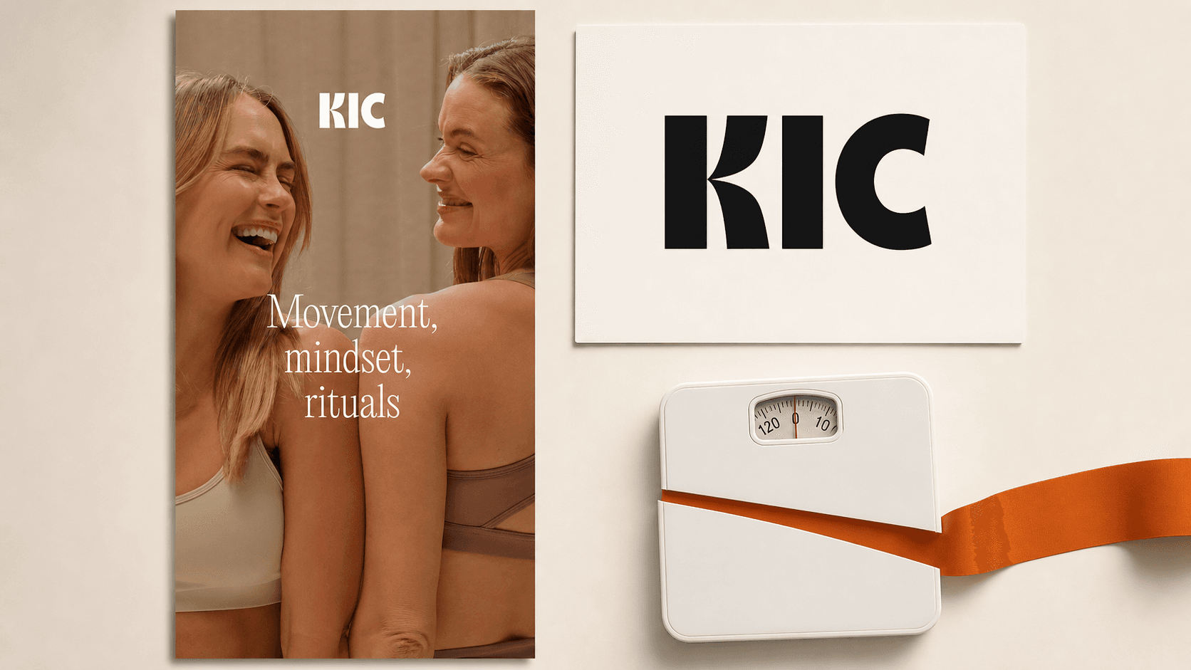The real Kic campaign creative and mark beside a bathroom scale being cut from the brand story