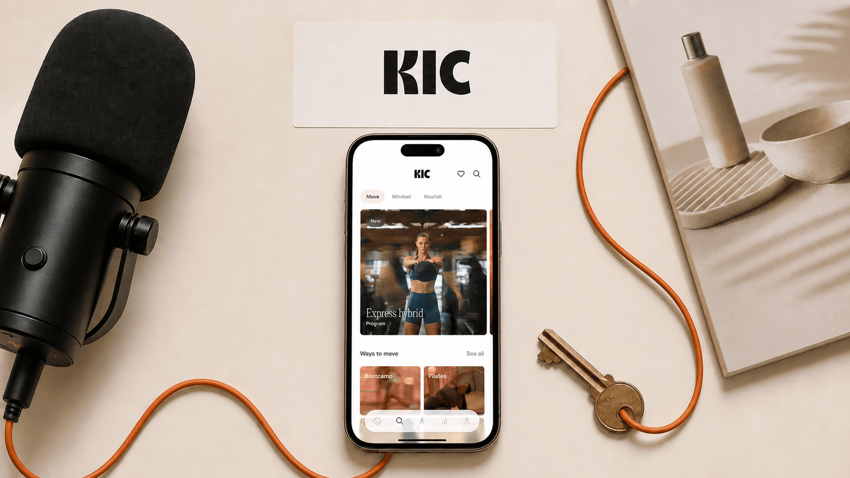 The real Kic app connecting a podcast microphone, wellness magazine, and studio key