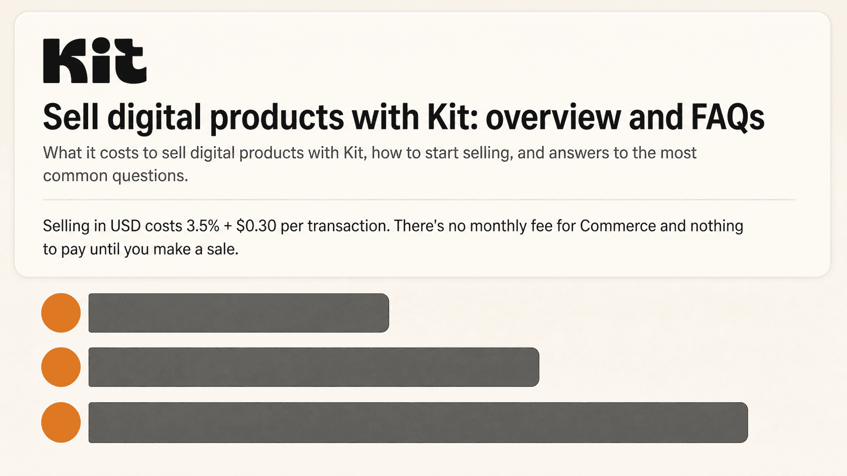 Kit's official Commerce fee statement above three increasing sale bars that each begin with the same fixed orange fee