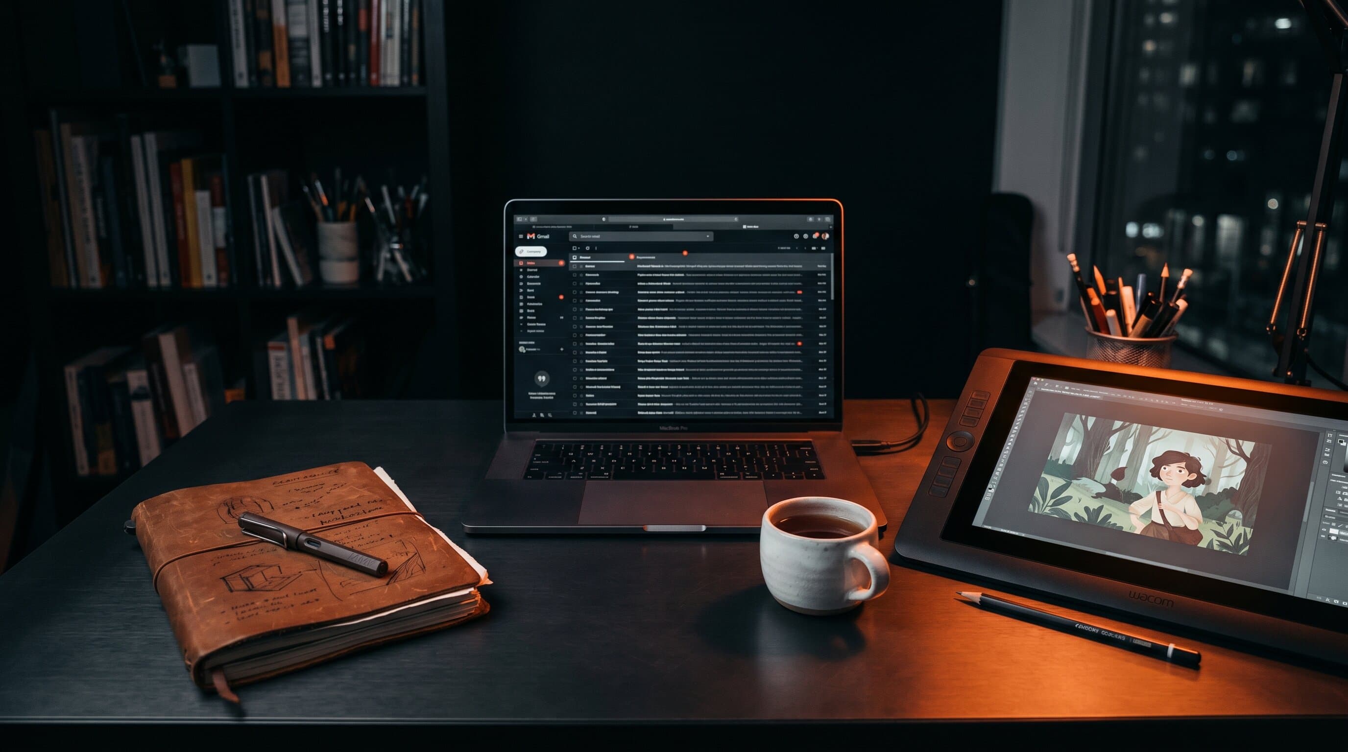 Cinematic shot of a creator's desk with a yellow ko-fi-style coffee mug, illustration tablet, and laptop screen showing notifications, dark studio with warm orange rim lighting