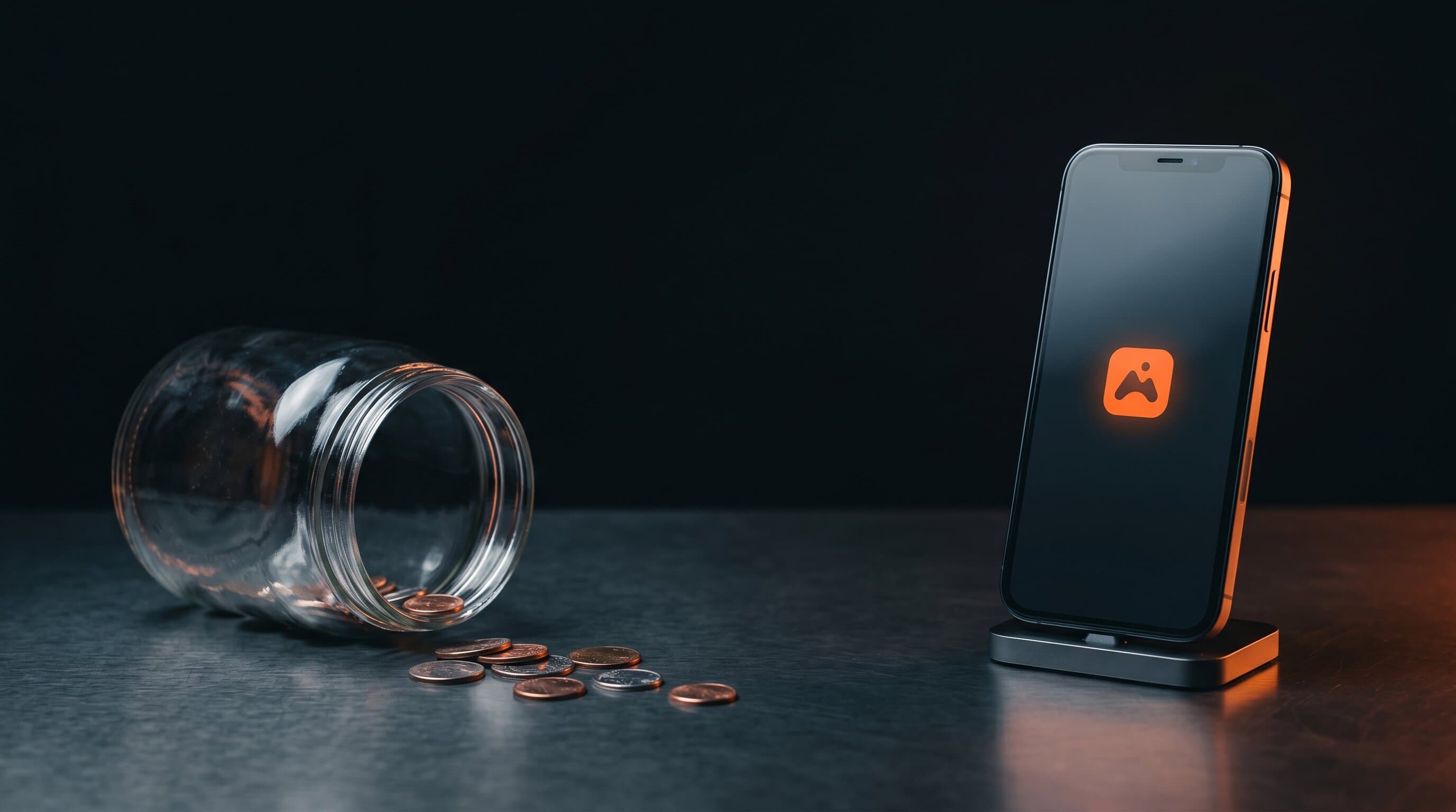 Side by side comparison: a Ko-fi browser page with yellow coffee mug versus a custom App Store product page with a creator's own brand, dark background with warm orange accents