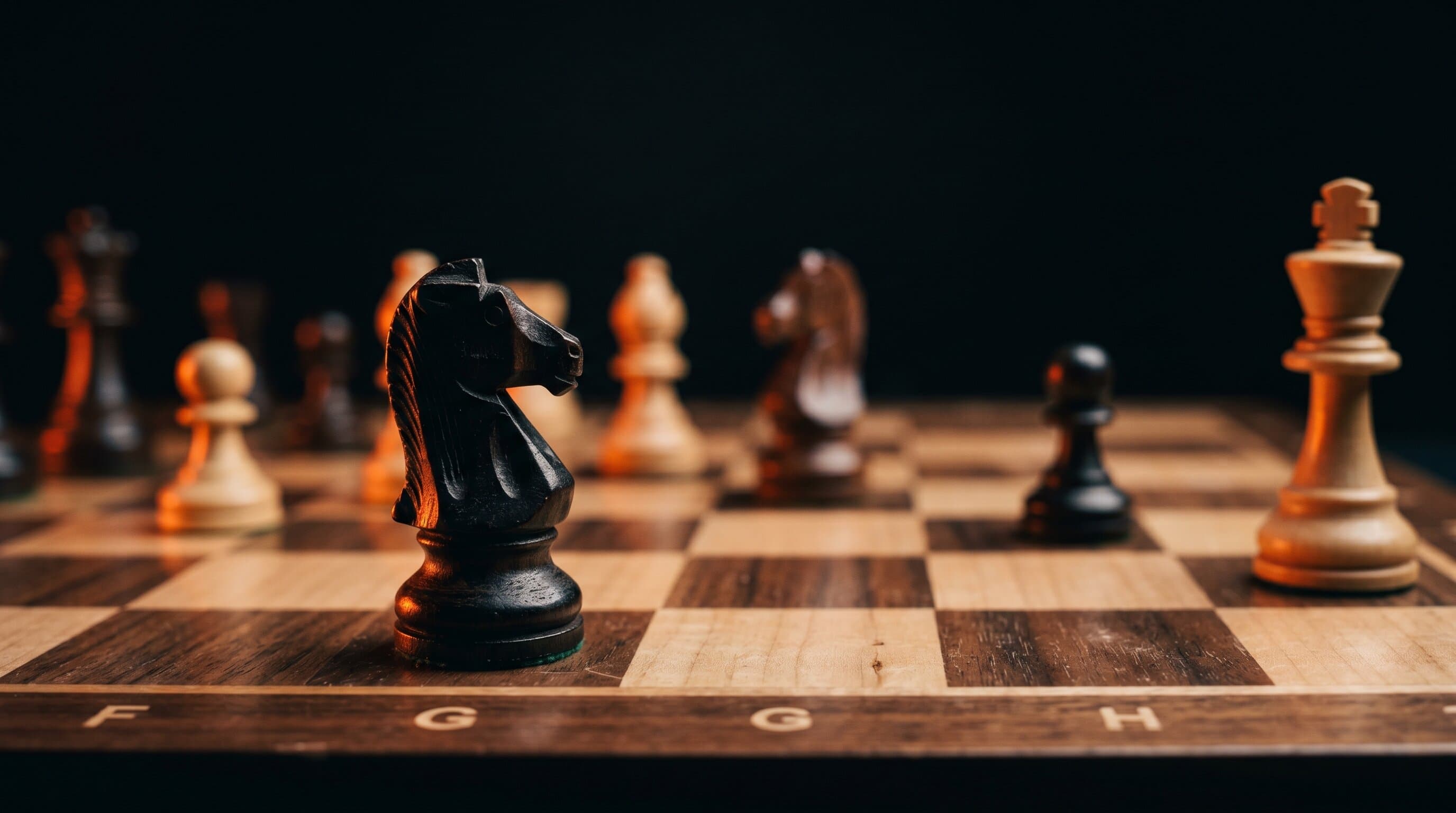 A chess board lit with a single warm orange accent light, representing a creator turning expertise into a recurring product