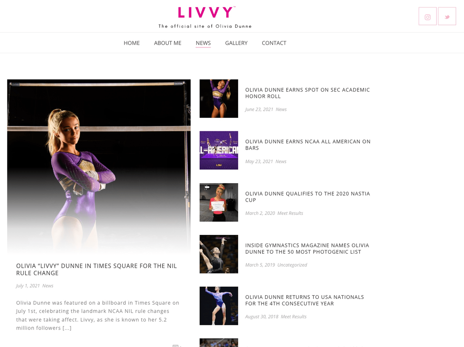 The real news archive at livvydunne.com showing the pink LIVVY wordmark and the newest post, headlined Olivia Livvy Dunne in Times Square for the NIL Rule Change and dated July 1 2021, above a right-hand column whose other entries run 2021, 2020, 2019 and 2018